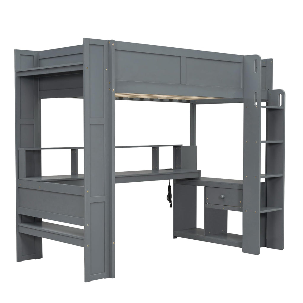 Ball & Cast Twin Size Gaming Loft Bed with Built-in Desk, LED and Charging Station,Wood Loft Bed Frame w/Multi-Storage Shelves,No Box Spring Needed,Ladder,for Kids,Teens,Adults,Dark Gray
