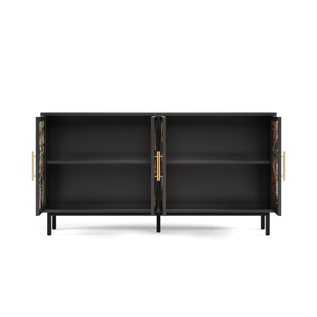 GDFStudio 60.3" Retro Buffet Sideboard Cabinet with 4 Glass Doors, Modern Glazed Painting Art Storage Cabinet Console Table, Artistic Tropical Glass Credenza Buffet for Living Room Dining Room, Black