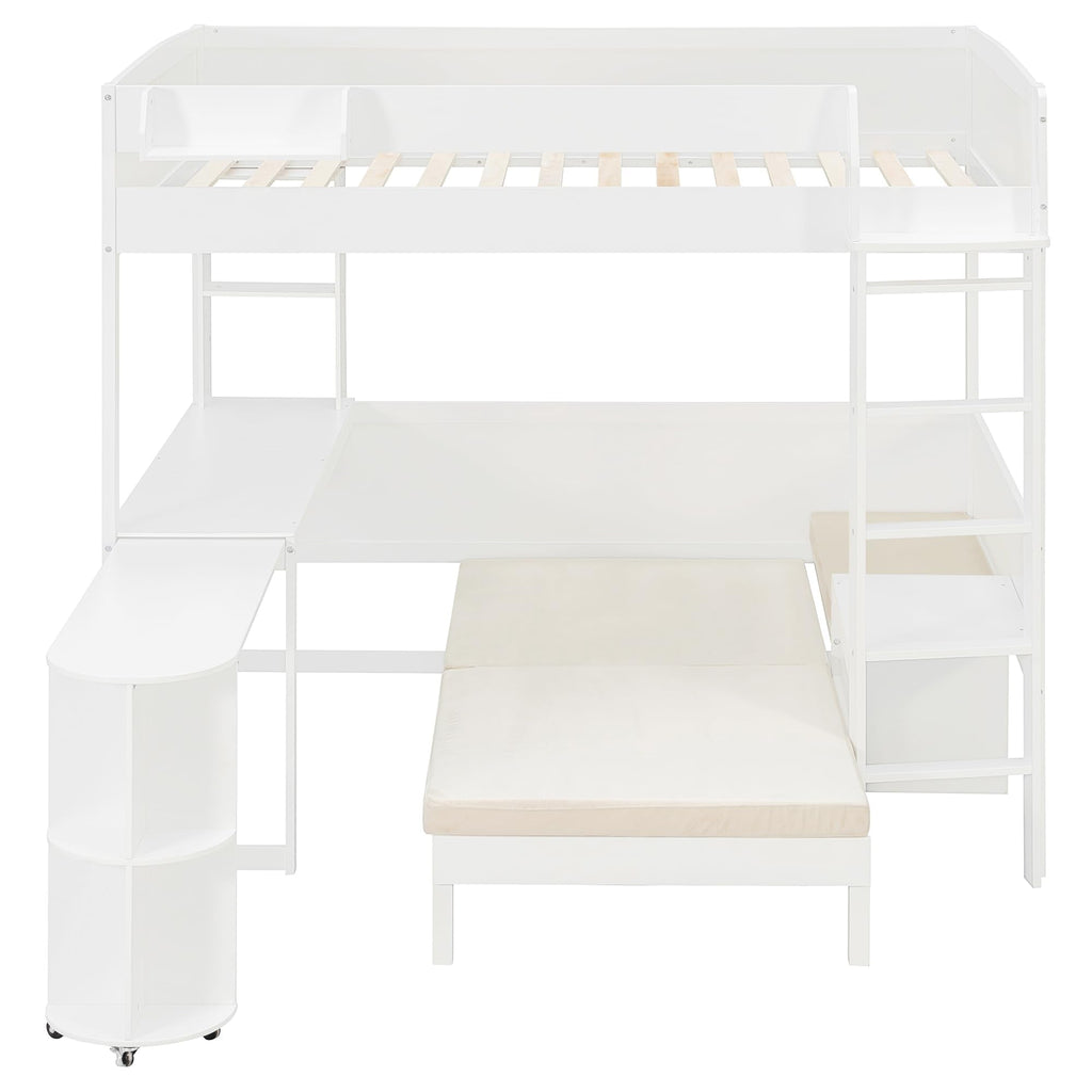 Merax Full Size Loft Bed with Extendable Desk and Lights, Wood Loft Bed Frame with Storage Shelves & Padded Foldable Sofa, Space-Saving Loft Bed for Teens Adults, Dorm Apartment, White