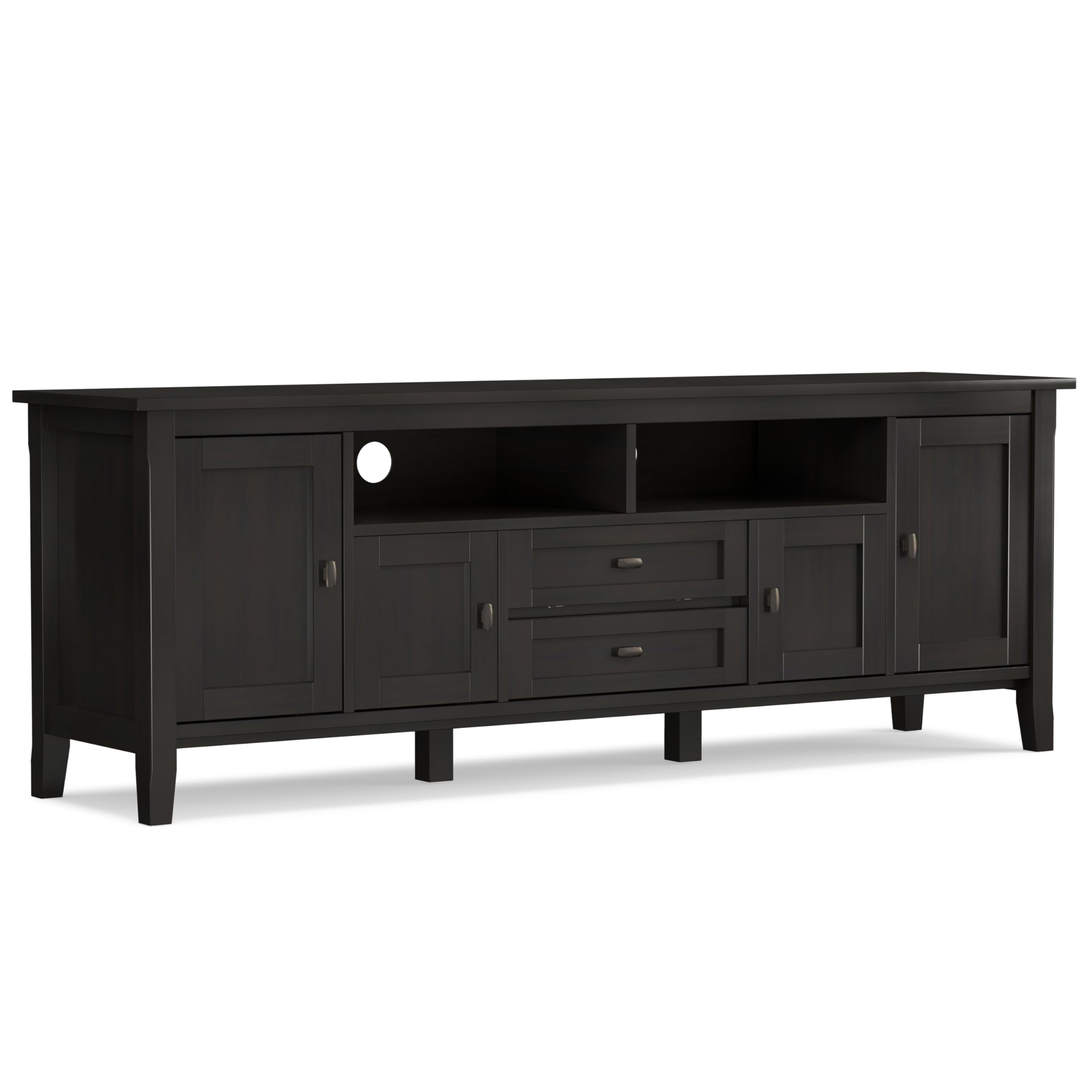SIMPLIHOME Warm Shaker TV Stand - 72 inch Wide Solid Wood Media Console in Hickory Brown, Transitional Entertainment Center for Living Room for TVs up to 80 Inches with Cabinets and Cable Management