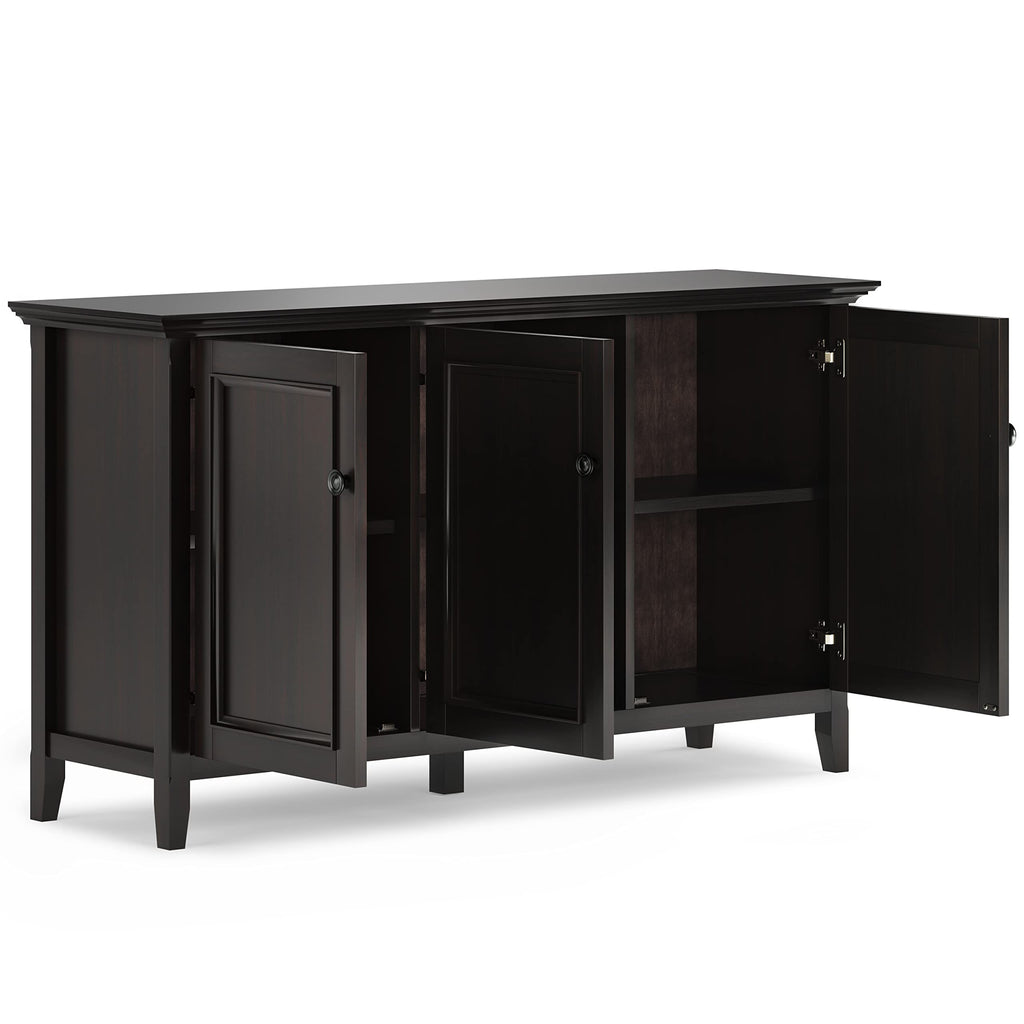 SIMPLIHOME Amherst 60-inch Wide Solid Wood 3-Door Storage Cabinet in Hickory Brown, Transitional-Style Buffet Sideboard for Living Room, Dining Room or Entryway