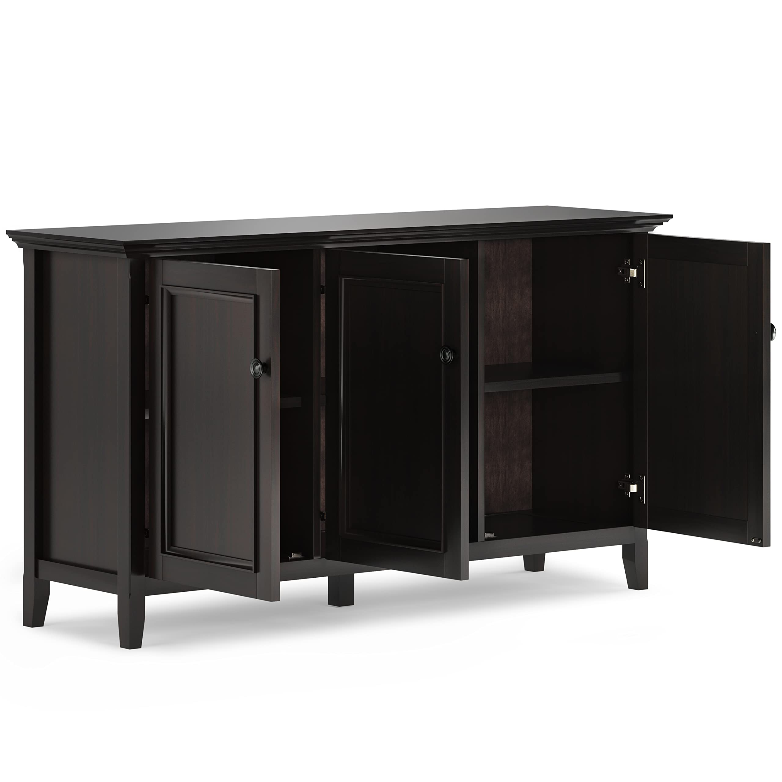 SIMPLIHOME Amherst 60-inch Wide Solid Wood 3-Door Storage Cabinet in Hickory Brown, Transitional-Style Buffet Sideboard for Living Room, Dining Room or Entryway