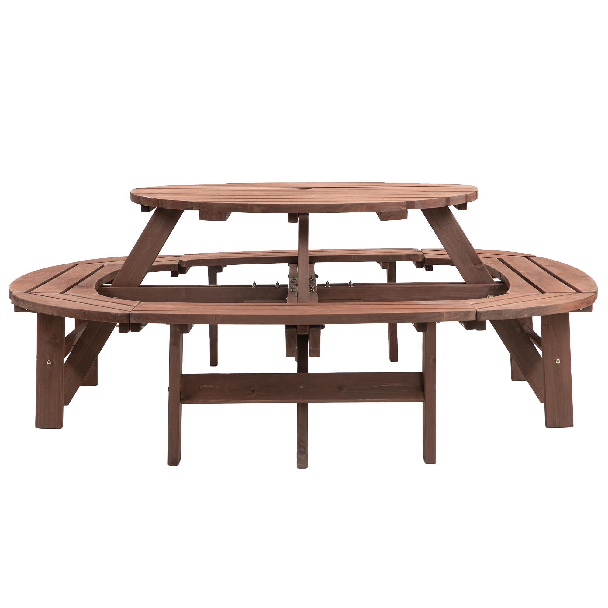 10-12 Person Round Outdoor Wooden Picnic Table with 1.97" Umbrella Hole, 70 Inch Heavy Duty Circular Backyard Patio Garden Table for Large Family Gathering, Rustic Fir Wood Dining Set, Walnut Brown
