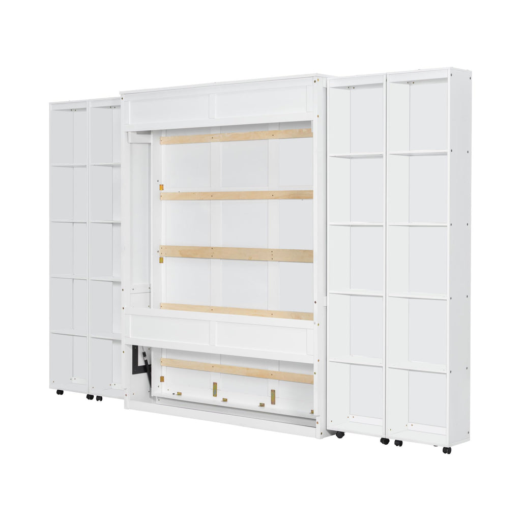 Merax Queen Size Murphy Bed with with 5-Tier Storage Shelves, Wooden Wall Bed Cabinet with Storage Doors, Foldable Platform Bedframe with Hydraulic Lift System for Guest Room and Bedroom