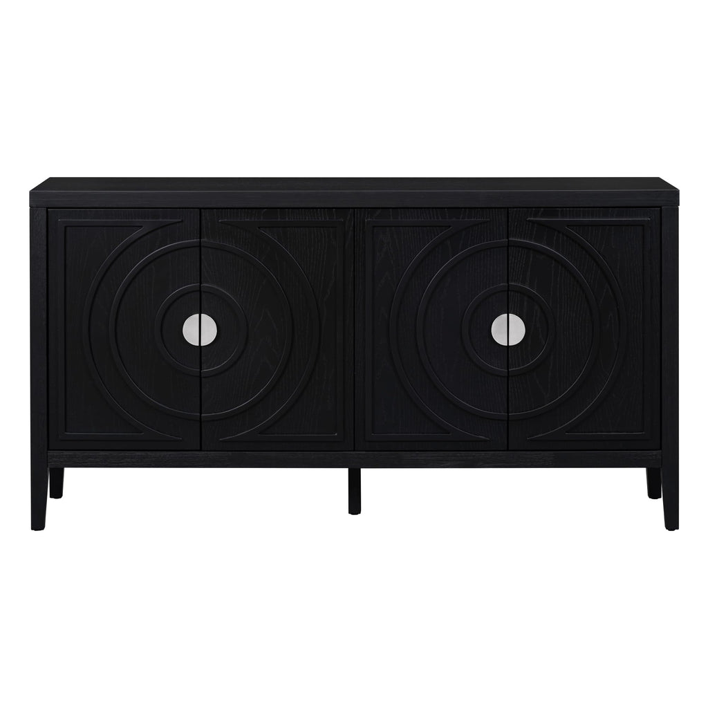 Jintop Retro Sideboard with Circular Groove Design Round Metal Door Handle,Wooden Buffet Cabinet,W/Adjustable Shelves & Open Countertop,for Entrance Living Dinning Room,Black