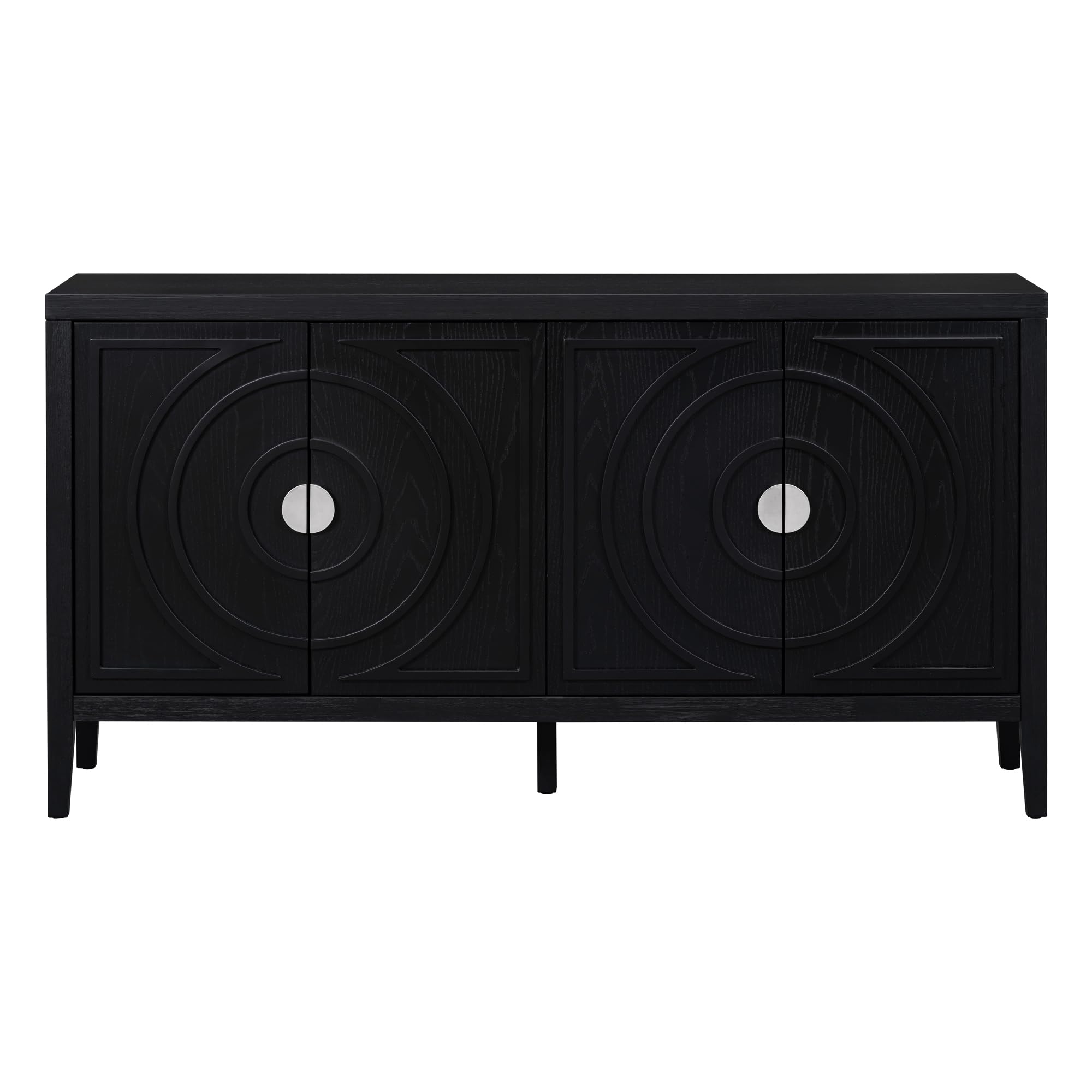 Jintop Retro Sideboard with Circular Groove Design Round Metal Door Handle,Wooden Buffet Cabinet,W/Adjustable Shelves & Open Countertop,for Entrance Living Dinning Room,Black