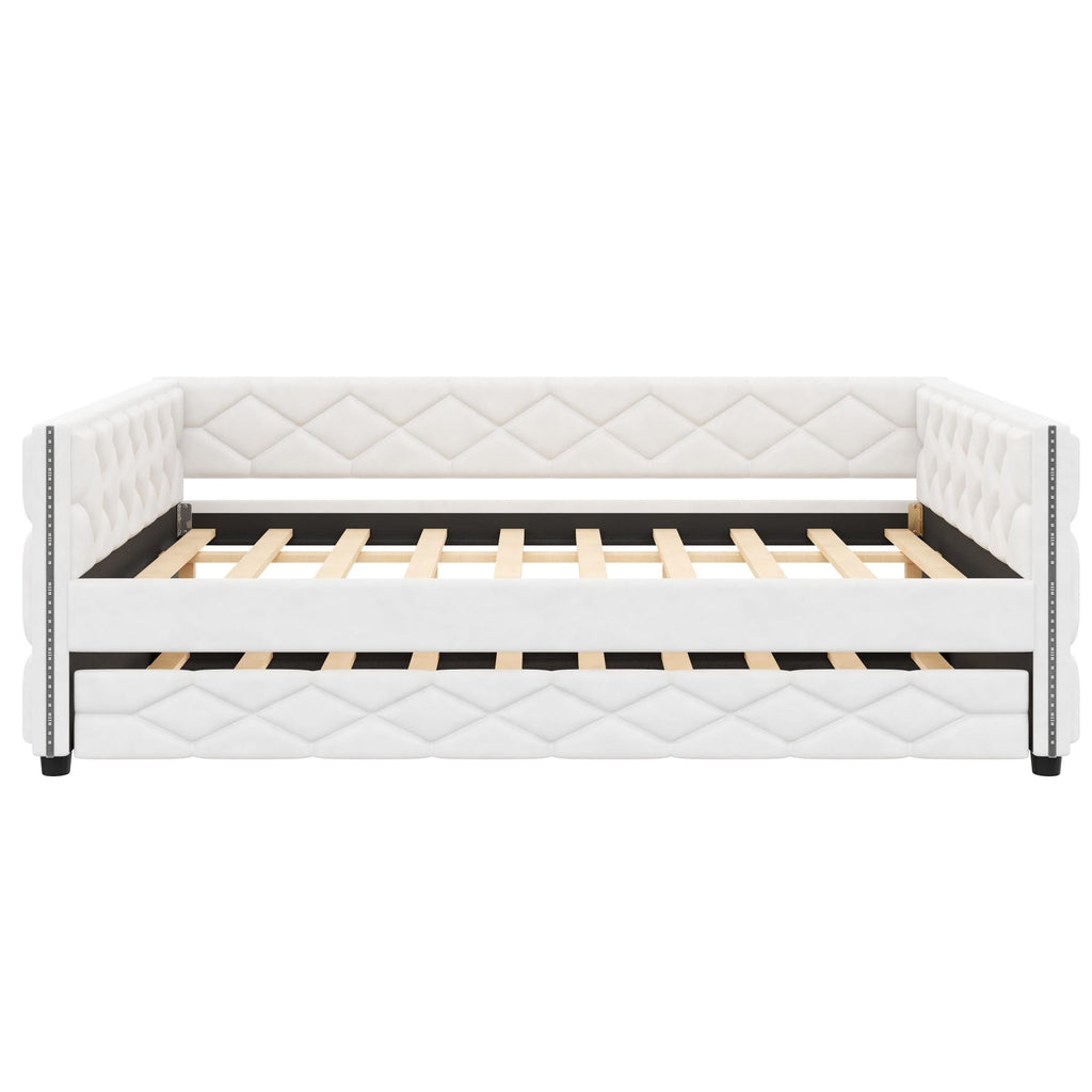 Merax Full XL Upholstered Daybed with Trundle, Modern PU Leather Sofa Bed Frame with Pull-Out Bed, Tufted Daybed Couch for Living Room Guest Room, No Box Spring Needed, White
