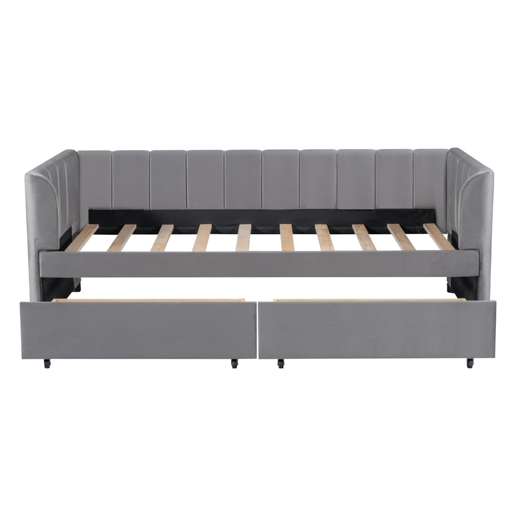Bellemave Twin Size Daybed with 2 Storage Drawers & Upholstered Ergonomic Design Backrest,Velvet Day Bed Wood Slats, Modern Space Saving Sofabed for Bedroom,Living Room, Easy Assembly (Gary)