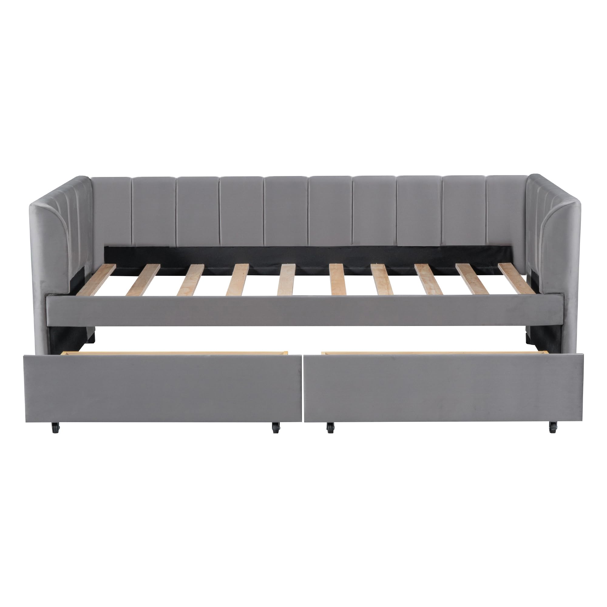 Bellemave Twin Size Daybed with 2 Storage Drawers & Upholstered Ergonomic Design Backrest,Velvet Day Bed Wood Slats, Modern Space Saving Sofabed for Bedroom,Living Room, Easy Assembly (Gary)