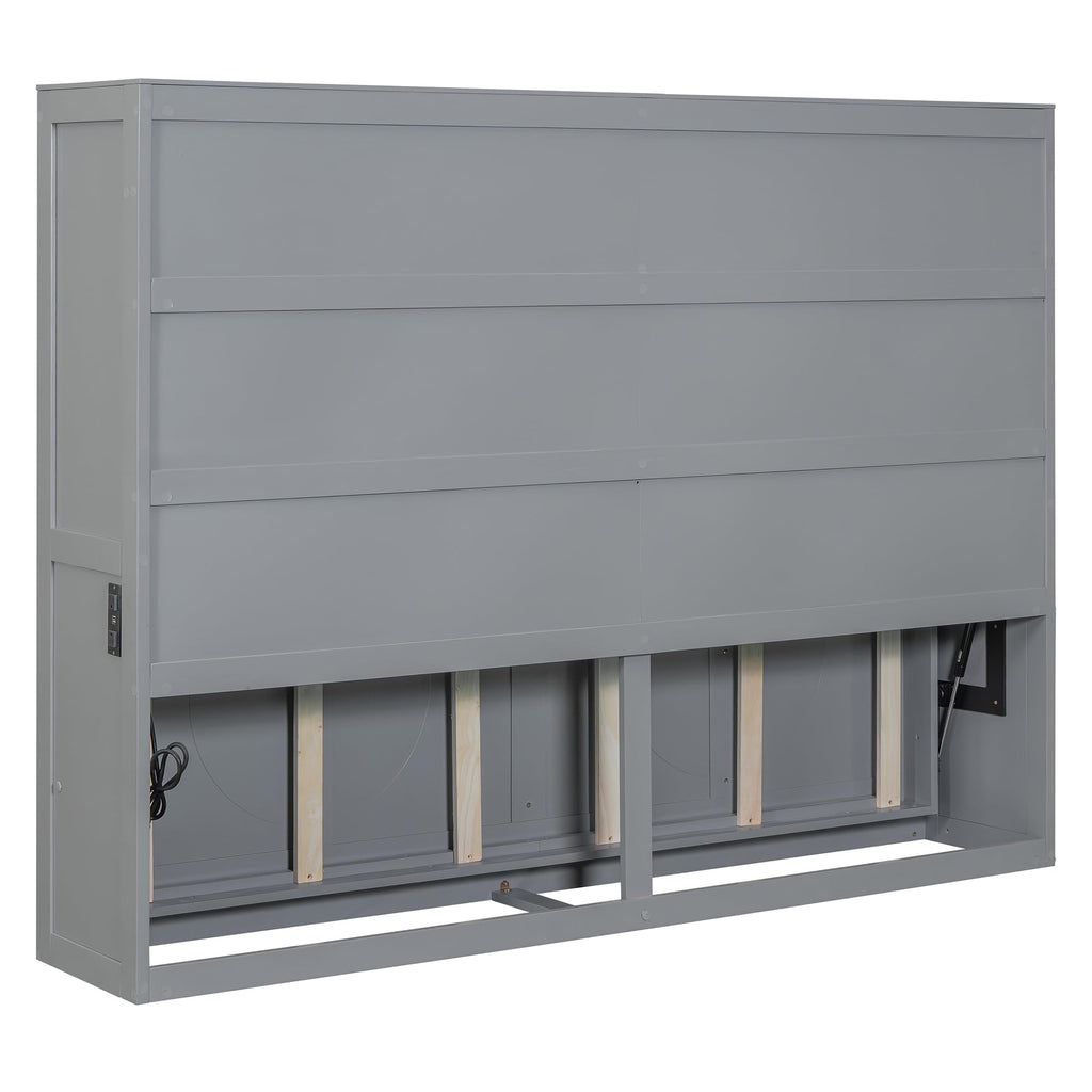 Ball & Cast Full Size Wall Cabinets Murphy Bed with Charging Station and Slat Support,Wood Hideaway Cabinet Platform Beds w/Leg & Lock,can be Folded,Space-Saving,for Small Room,Dorms,Gray
