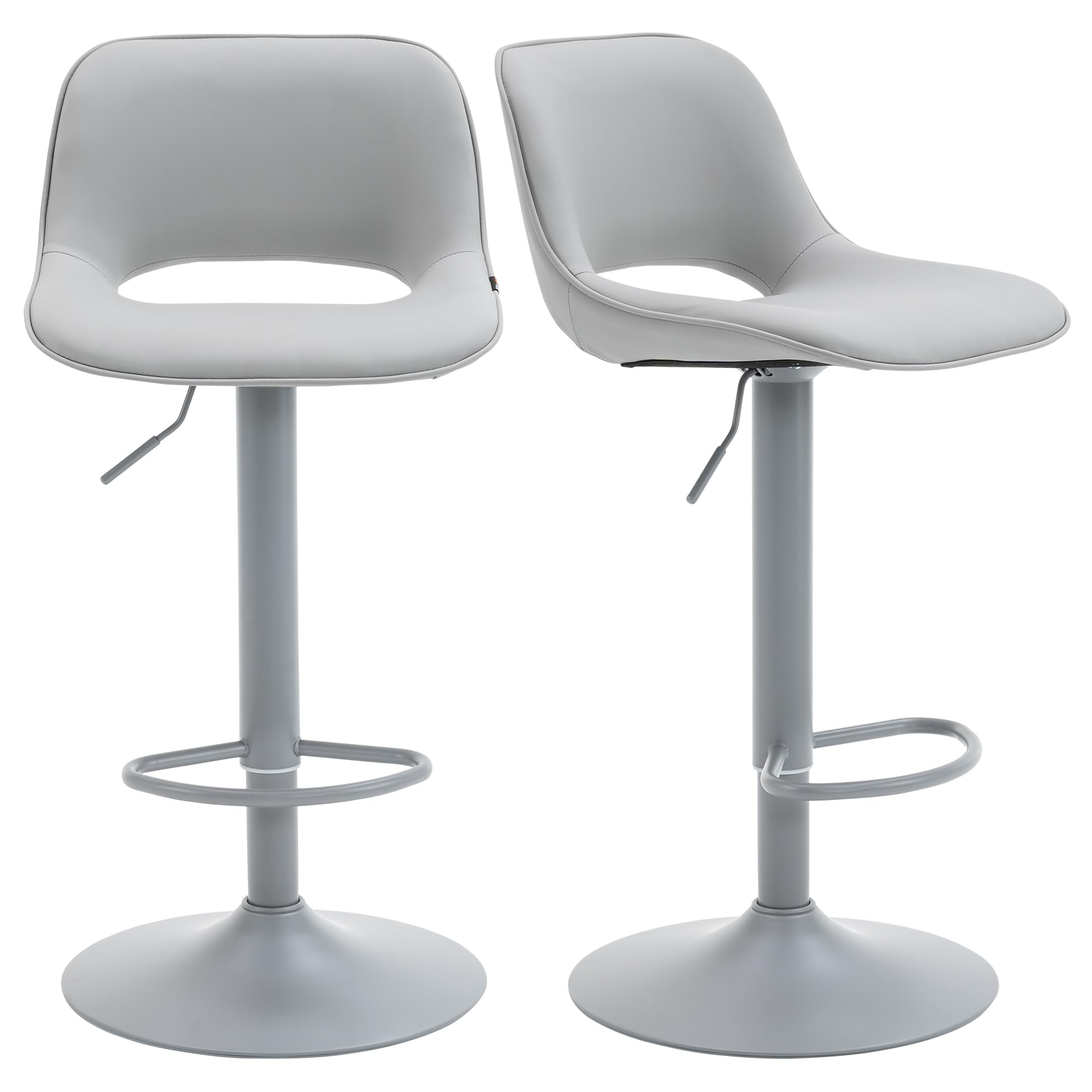 YOUNIKE Bar Stools Set of 2 All Grey Swivel Barstools, Compact Adjustable Counter Height Bar Stools Faux Leather Upholstered Counter Stools with Hollow Back for Kitchen Island