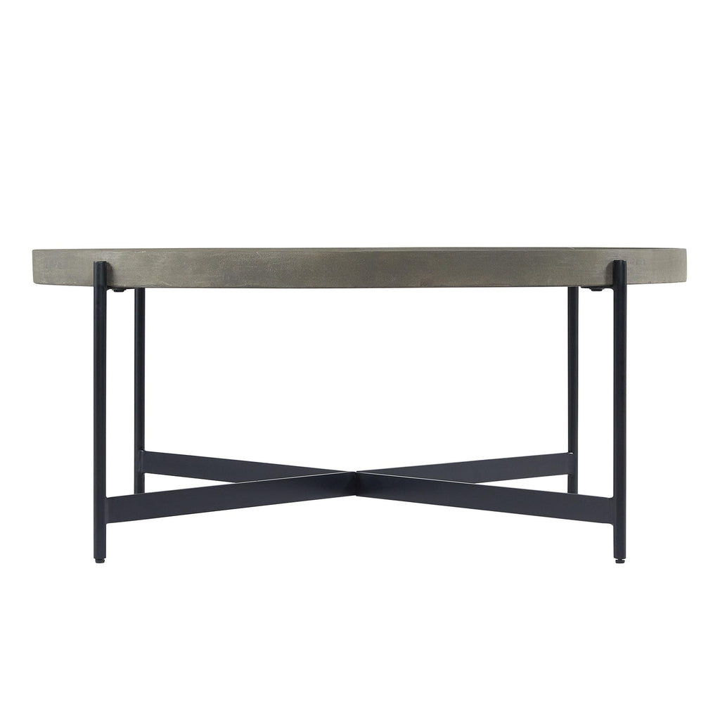 Alaterre Furniture Brookline 42-Inch Round Concrete-Coated Wood Coffee Table with Tray Top and Black Iron Legs – Industrial Farmhouse Living Room Accent Table with X-Frame Base