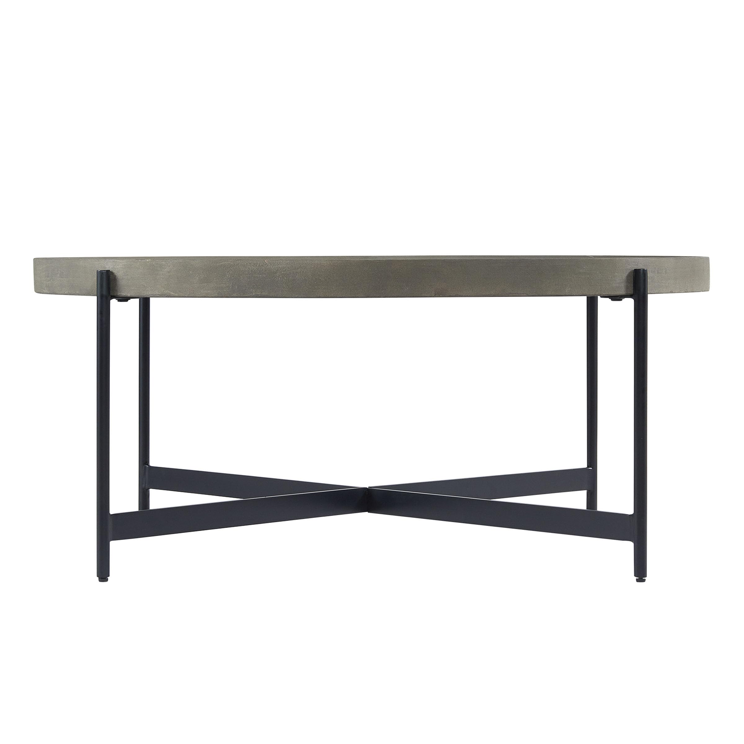 Alaterre Furniture Brookline 42-Inch Round Concrete-Coated Wood Coffee Table with Tray Top and Black Iron Legs – Industrial Farmhouse Living Room Accent Table with X-Frame Base