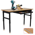 60"X24" Heavy Duty Workbench with Drawer, 29.5"-39.4" Adjustable Height, Rubber Wood Table with Lockable Wheels & Power Outlets for Garage, Workshop, Office - 2200 Lbs Capacity