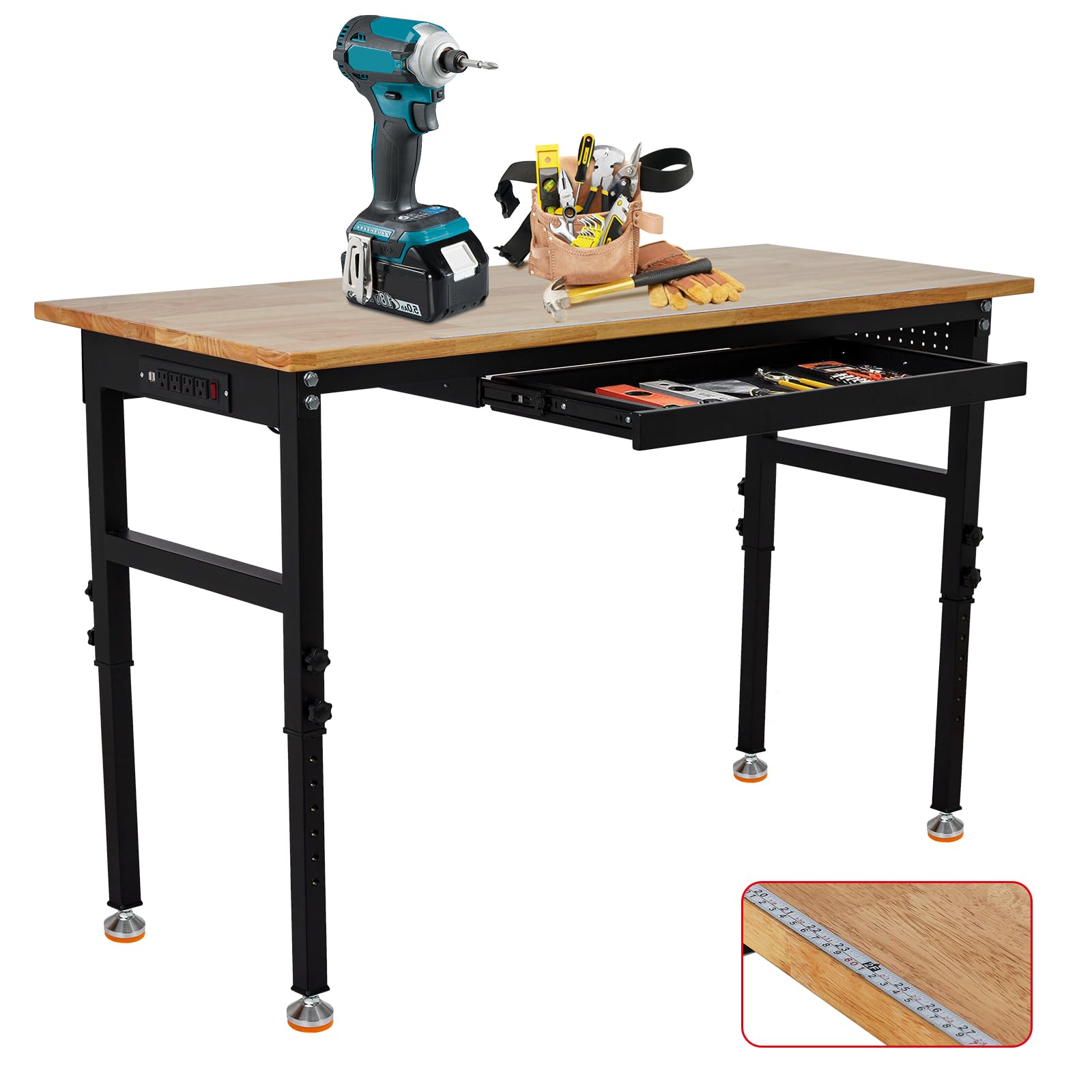60"X24" Heavy Duty Workbench with Drawer, 29.5"-39.4" Adjustable Height, Rubber Wood Table with Lockable Wheels & Power Outlets for Garage, Workshop, Office - 2200 Lbs Capacity