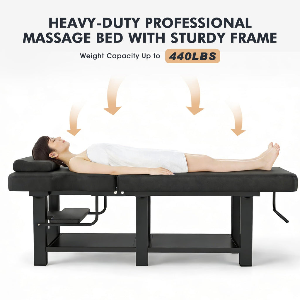 Heavy Duty Stationary Massage Table with Adjustable Backrest, Wide Spa Facial Bed with Metal Frame & PU Leather, Professional Massage Therapy Bed for Spa Salon Tattoo Physical Therapy Clinic (Black)