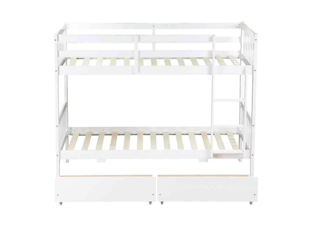 MERITLINE Wood Bunk Bed with Drawers, Convertible Bunk Bed with Ladders and Two Storage Drawers, Solid Wood Detachable Bedframe with Guardrails, Twin Over Twin, White