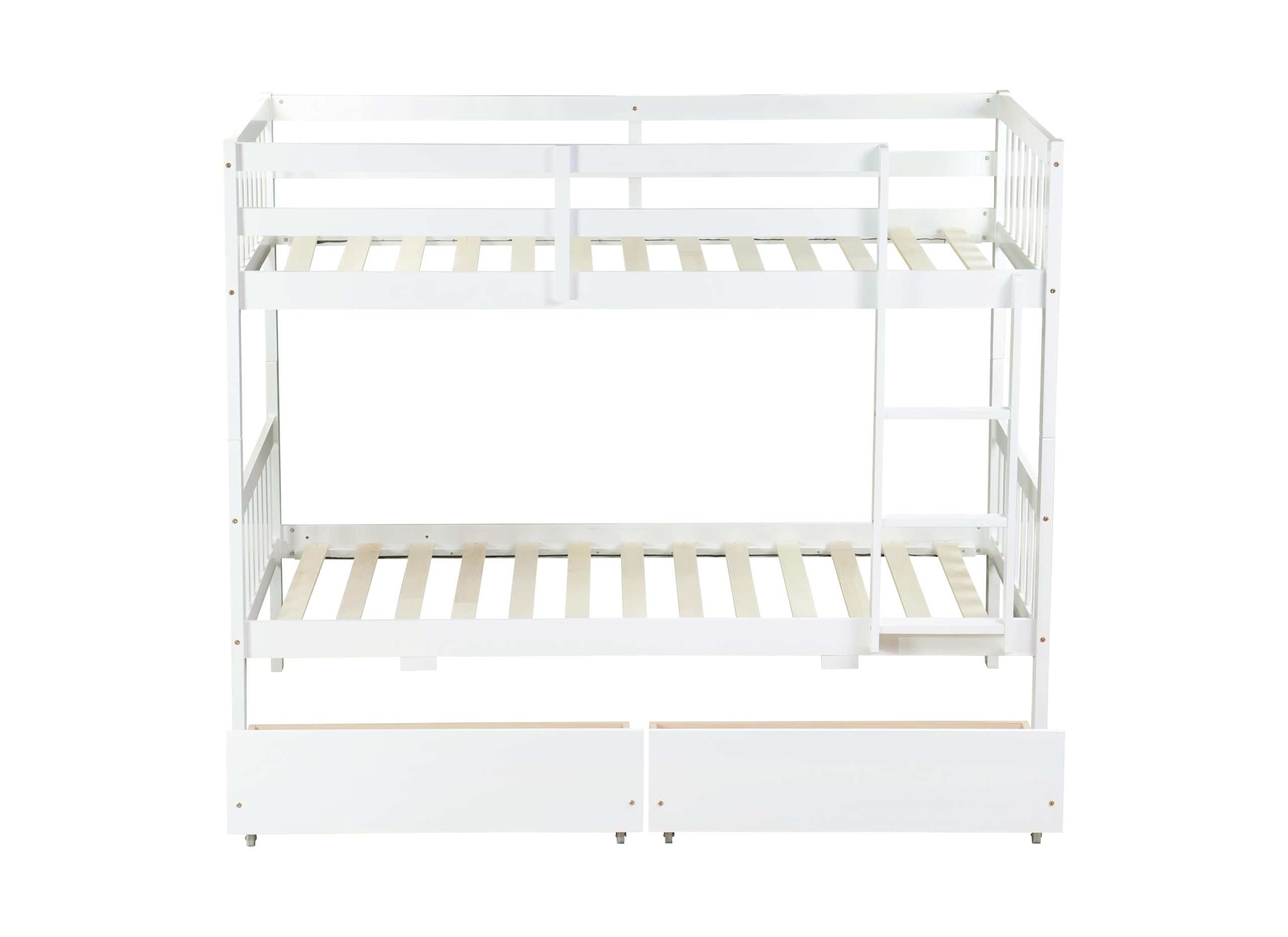 MERITLINE Wood Bunk Bed with Drawers, Convertible Bunk Bed with Ladders and Two Storage Drawers, Solid Wood Detachable Bedframe with Guardrails, Twin Over Twin, White