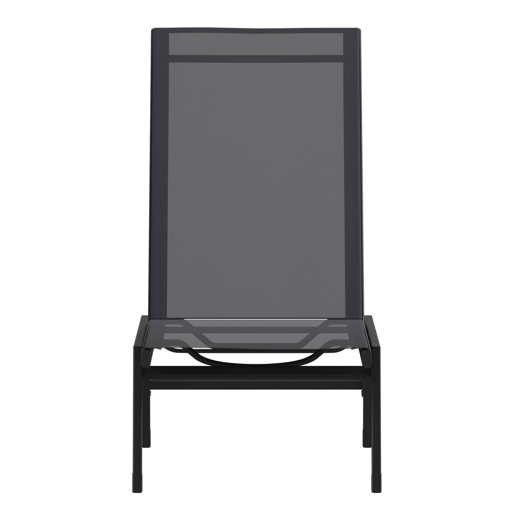 EMMA + OLIVER Braelin Adjustable Patio Chaise Lounge - Black Textilene Seat - Armless Design - 5 Recline Positions - Metal Frame - All-Weather - Set of 2
