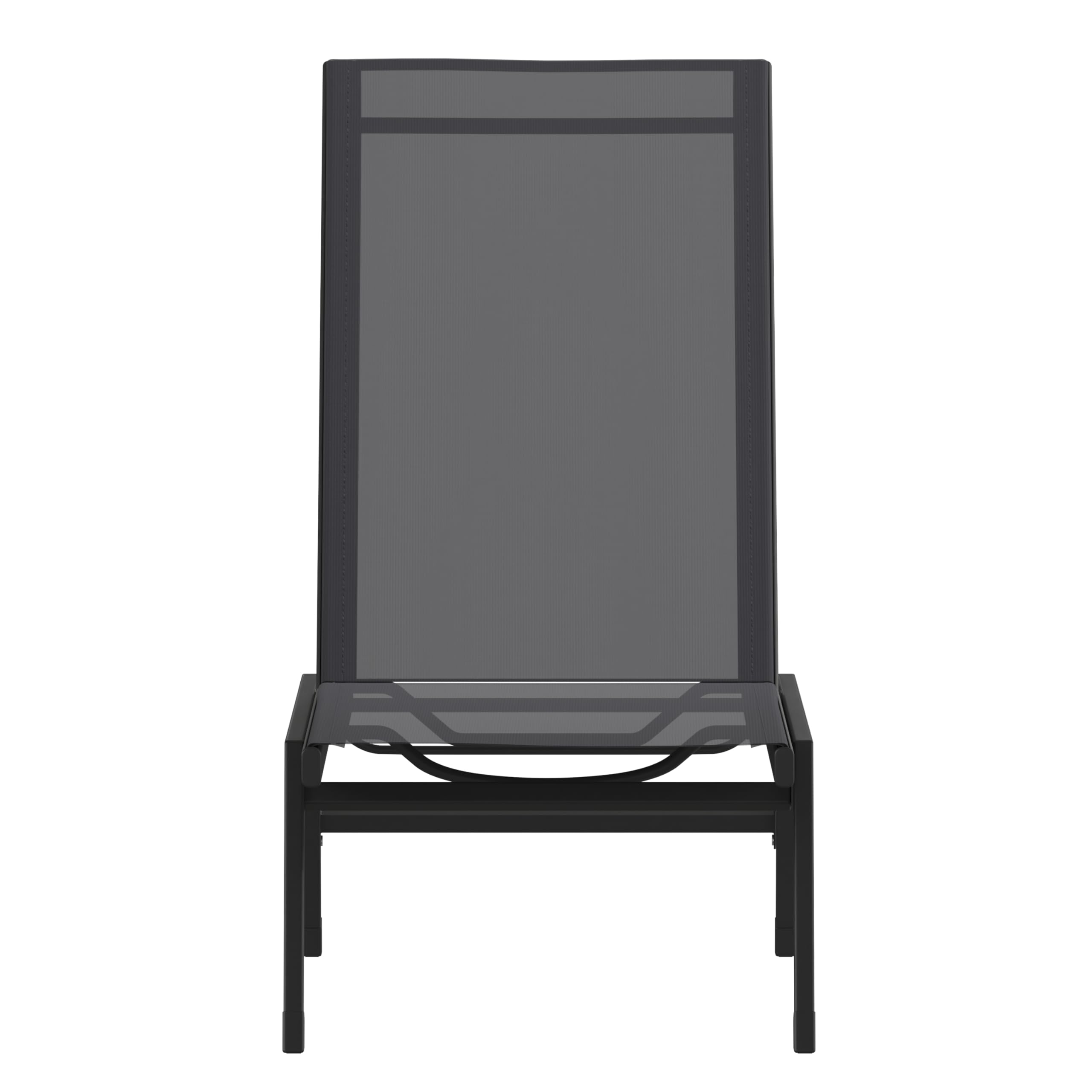 EMMA + OLIVER Braelin Adjustable Patio Chaise Lounge - Black Textilene Seat - Armless Design - 5 Recline Positions - Metal Frame - All-Weather - Set of 2