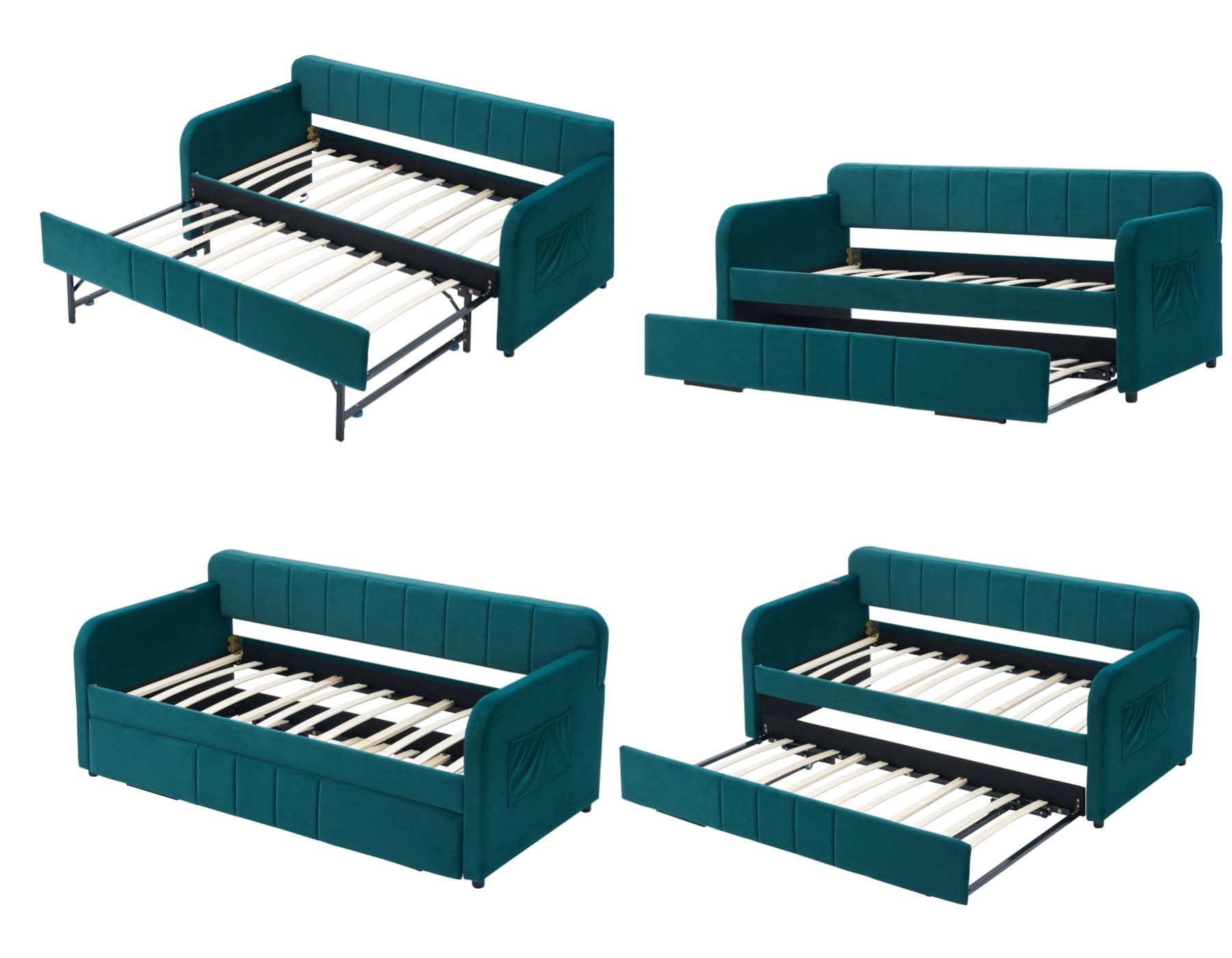 KEIKI Twin Velvet Corner Daybed with Liftable Trundle, USB Charging, Pockets, Converts to King Size, Upholstered Headboard Captain Sofa Day Bed Frames for Small Room, Bedroom, Kids' Room, Emerald