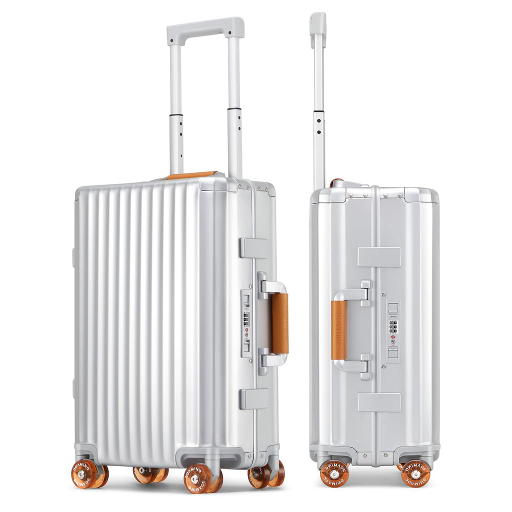 ROAMING 24 Inch Check Luggage Durable All Aluminum Hardshell Suitcase - Zipperless Luggages Airline Approved with 360° Spinner Wheels, TSA Lock, USB Port Smart Organizational Pockets （Silver orange）