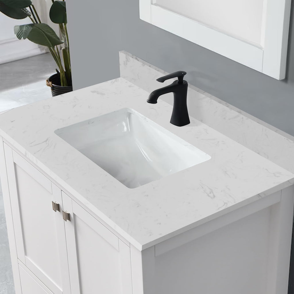 EQLOO 30" x 22" Vanity Top, Volakas White Engineered Stone Vanity Sink Top, with Undermounted Rectangular Sink & Backsplash Countertops, Pre-Drilled Single Hole for Bathroom Vanity Top with Sink