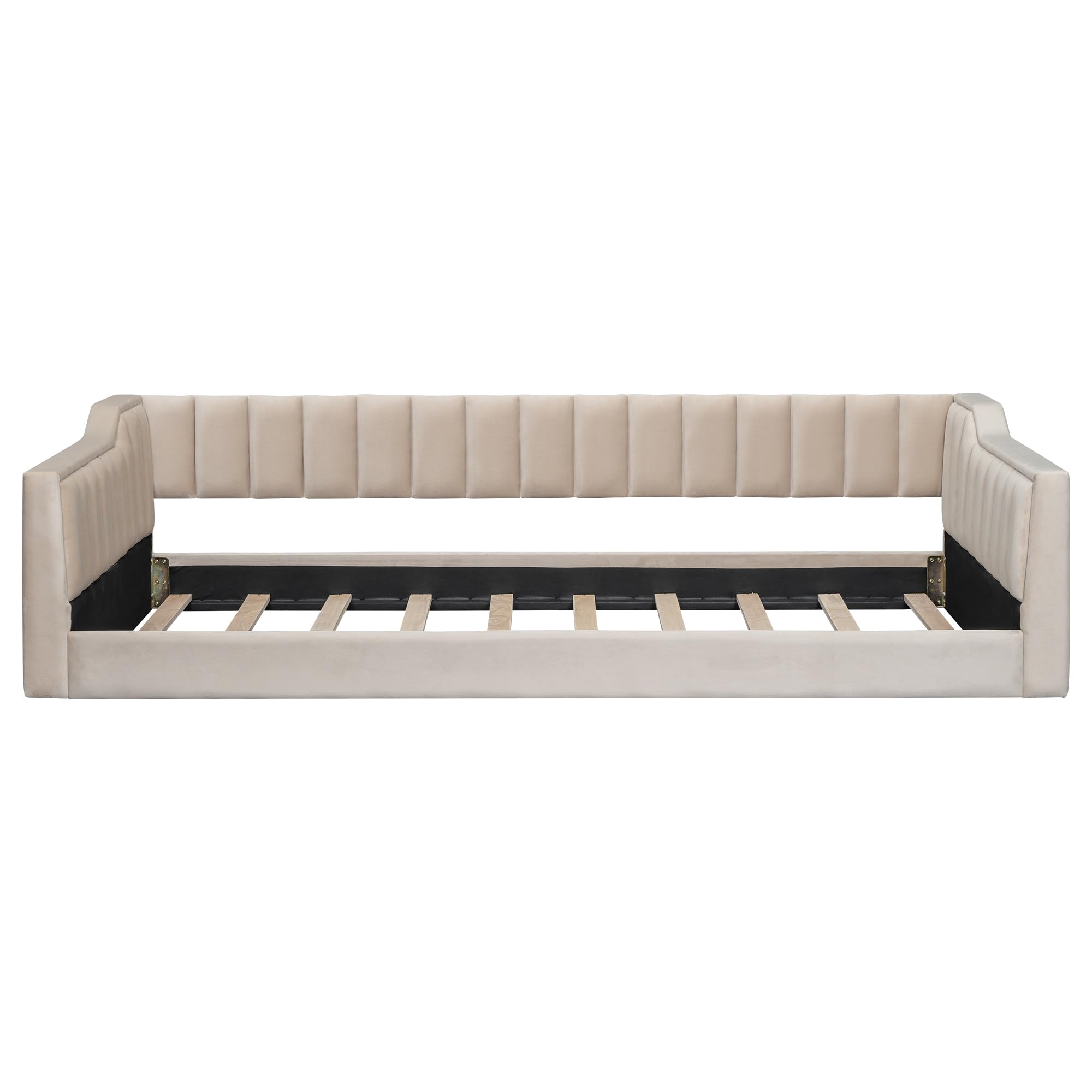 DNYN Twin XL Upholstered Daybed with Storage Pocket for Kids,Adults,Pinewood Bedframe w/Wood Slat Support,Easy Assembly & No Box Spring Needed, Beige