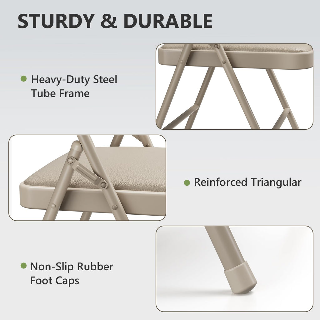 Folding Chairs 12 Pack, PU Leather Padded Folding Chairs for Outside and Indoor, Heavy Duty Portable Foldable Metal Commercial Seat for Home Office, Dorm, Party, Backyard, Lawn, Patio, Khaki