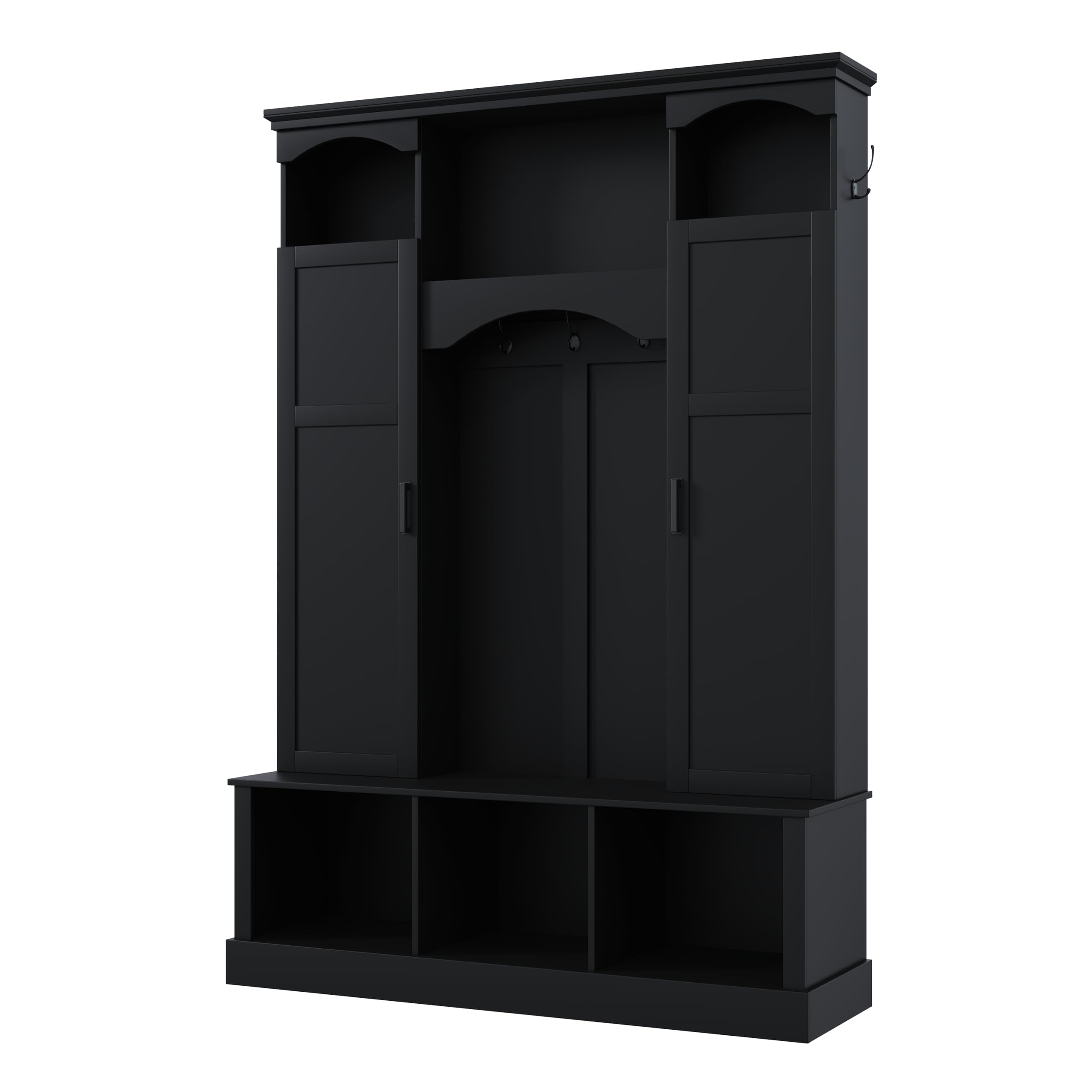 FILWY ON-Trend Modern All-in-One Hall Tree with Adjustable Shelves, Classic Arched Farmhouse Storage Bench with Dual Side Cabinets, Elegant Entryway Organizer with 7 Hooks for Mudroom, Hallway