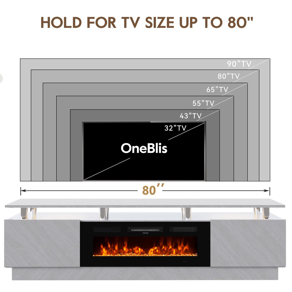 OneBlis 80" TV Stand & Entertainment Center, Media Console with Storage Cabinet, Fits TVs up to 90", Modern Living Room Furniture, 36" Electric Fireplace (Grey+Black)