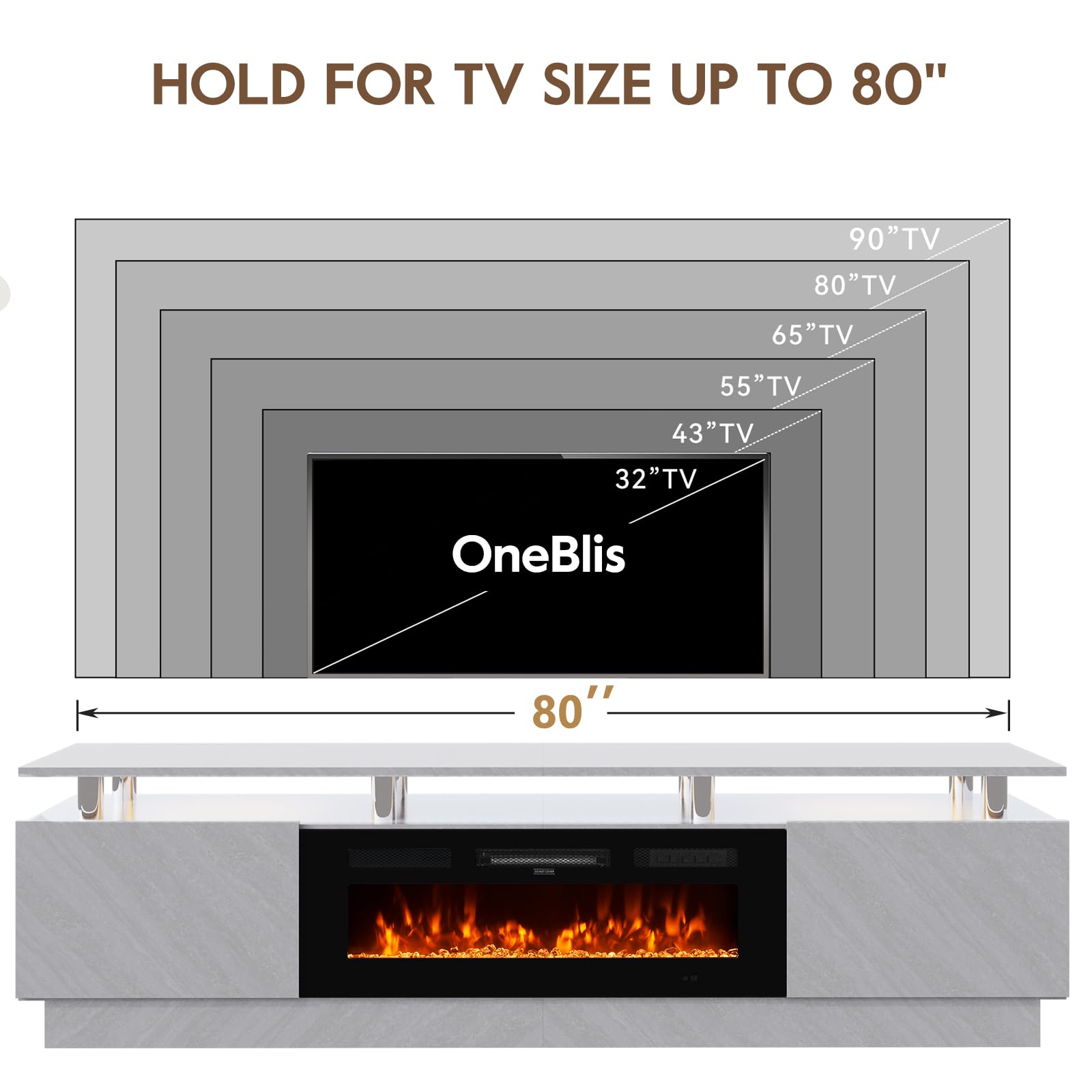 OneBlis 80" TV Stand & Entertainment Center, Media Console with Storage Cabinet, Fits TVs up to 90", Modern Living Room Furniture, 36" Electric Fireplace (Grey+Black)
