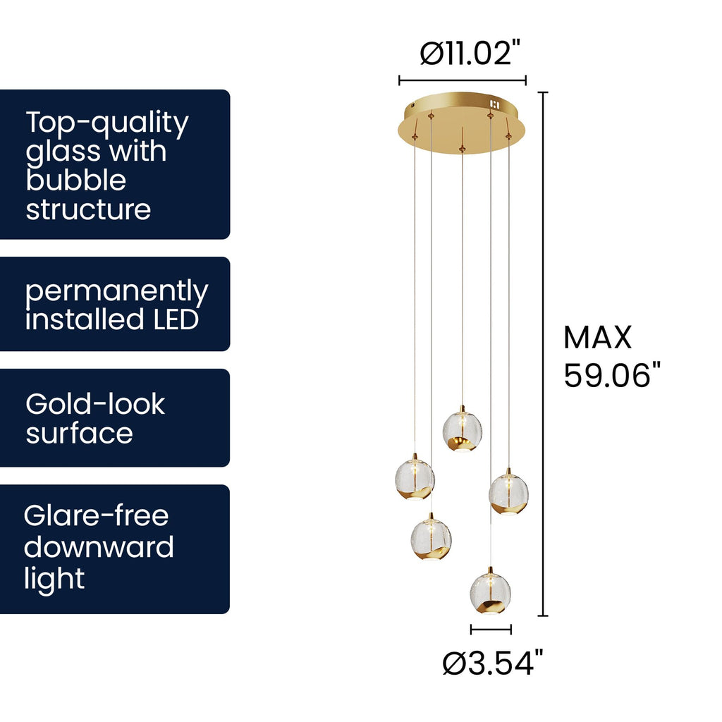 Lucande 5-Light Modern Gold Glass Globe Chandelier, Hanging Cluster Pendant Light Kitchen Island & Foyer Chandelier, Warm White 3000K, Brushed Gold Pendant Lights Cluster, Ø 11.03 in
