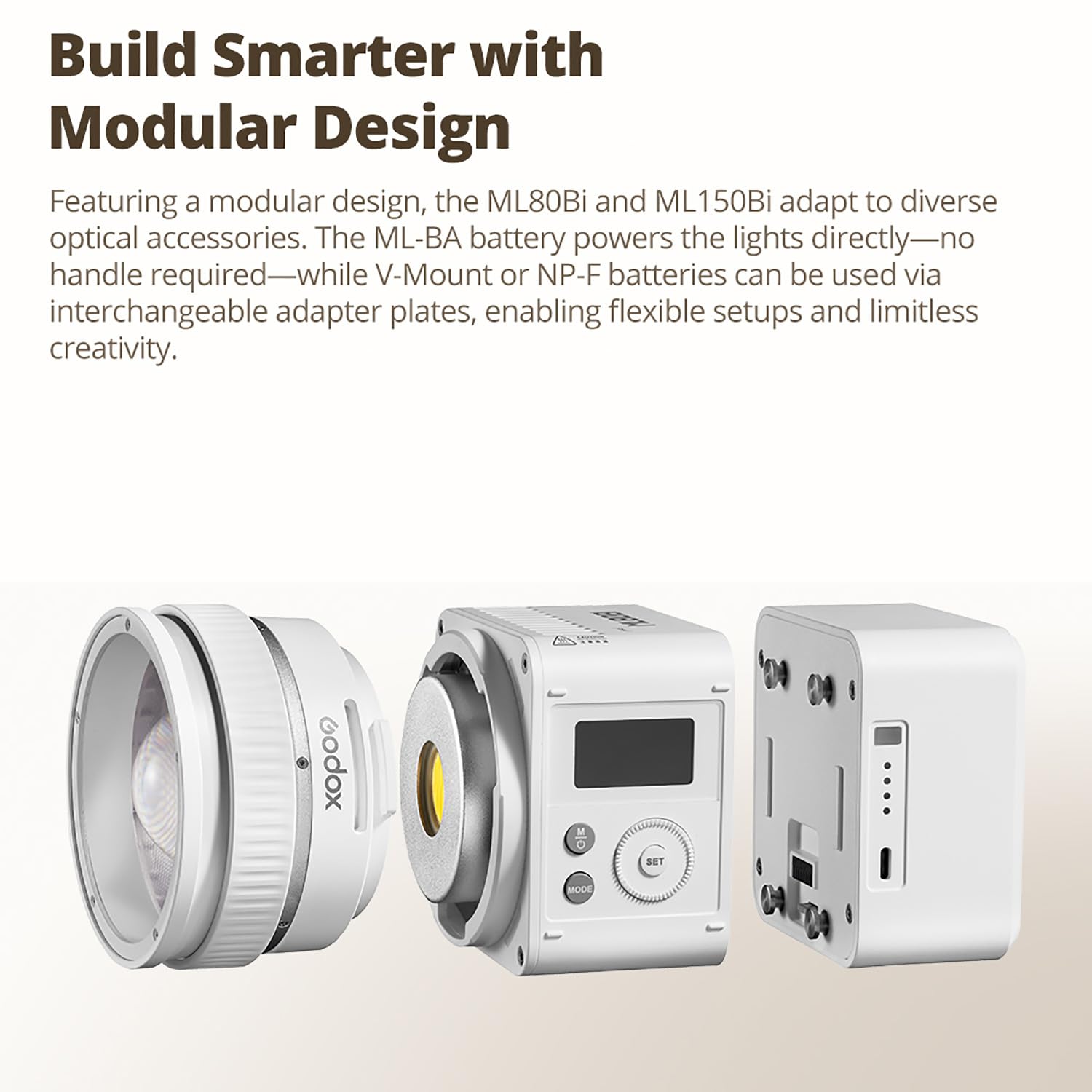 Godox ML80Bi LED Video Light Bi-Color, 100W 2800K-6500K, 29600Lux@1m CRI96+ TLCI96+, APP Control, USB-C, w/ML-Z Reflector & 95Wh Battery, 11 FX 0-100% Dimming for photography, with AD-S60S Softbox Kit
