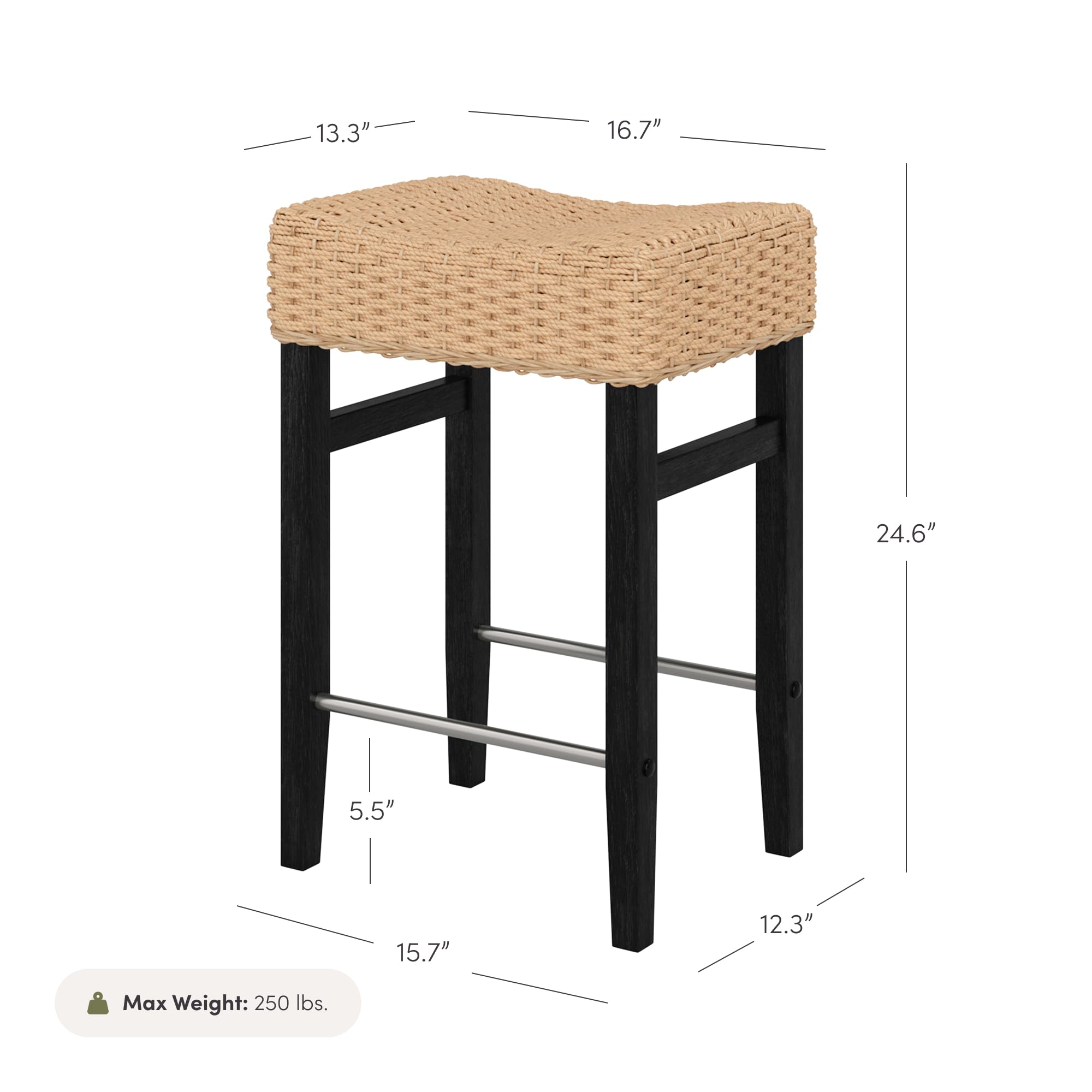 Nathan James Harvey Rattan Bar Stool, Bohemian Counter Height Stool with Woven Seagrass Seat, Solid Wood Legs, and Metal Footrest Seagrass/Brushed Black, Set of 2