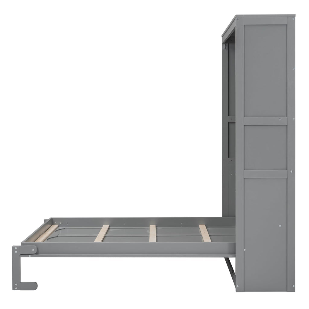 Ball & Cast Full Size Murphy Bed Wall Bed with Shelves and Mattress Holder,Wood Hideaway Cabinet Chest w/Slat Support,can be Folded,for Small Room,Dorms,Gray