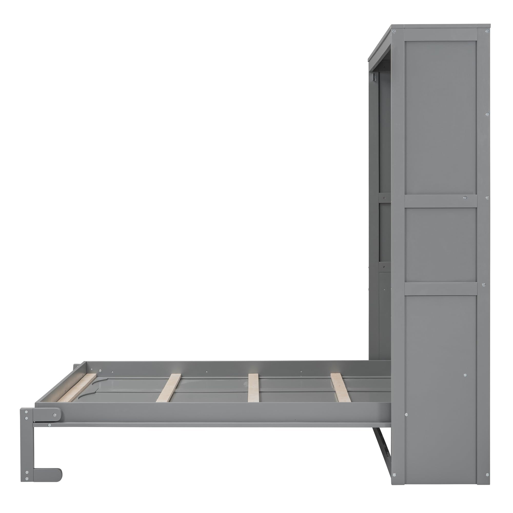 Merax Full Size Wood Modern Murphy Bed, Wall Bed with Shelves, Foldable Platform Bed Folded into Cabinet, Space-Saving Design Bed for Guest Room, Home and Office, Grey