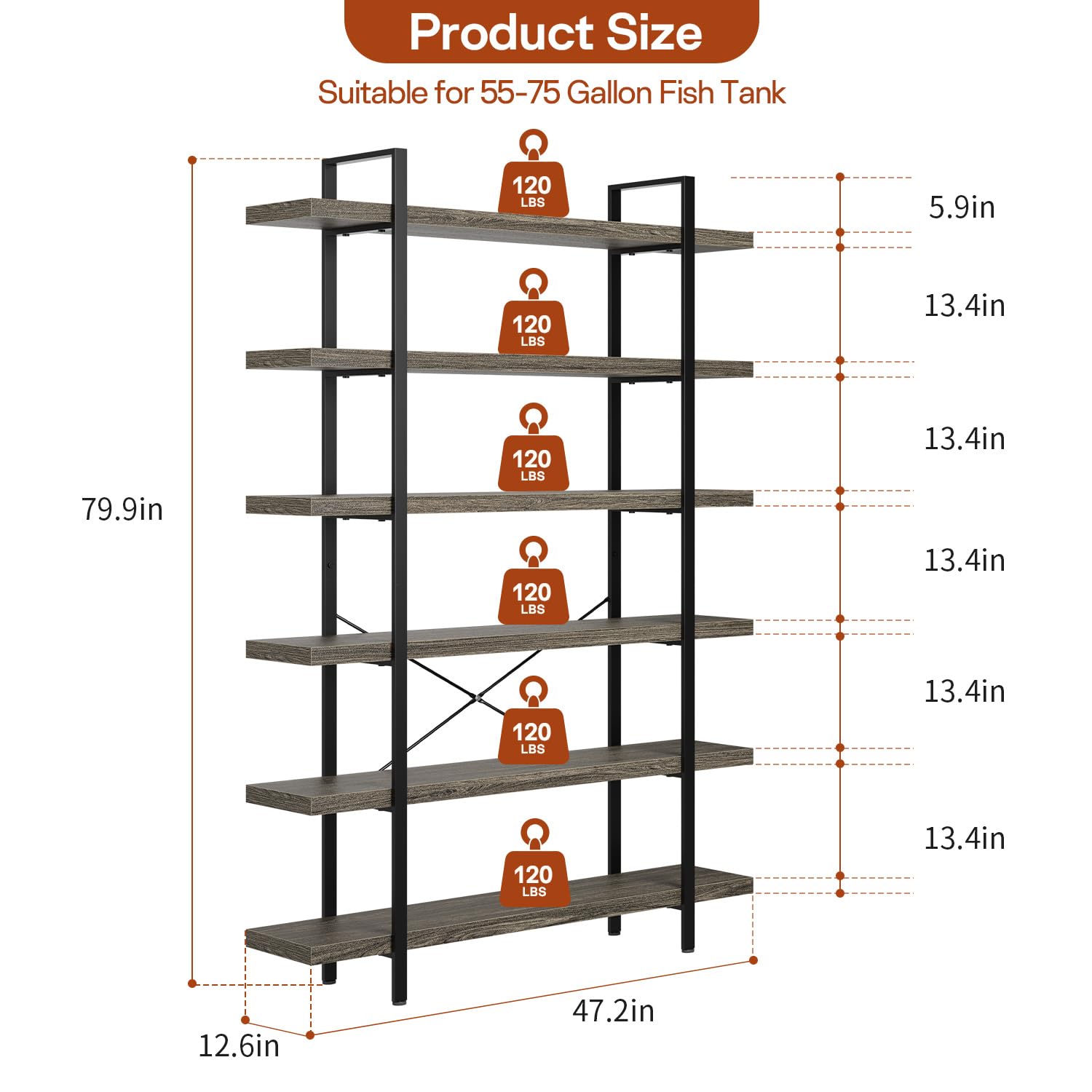 6 Tier Book Shelf, 47'' Wide Wood Industrial Bookshelf, 120lbs Shelf Capacity, Open Storage Shelves, 80'' Tall Heavy Duty Display Shelving, Rustic Grey Bookcase for Bedroom,Living Room,Office - 2Pcs