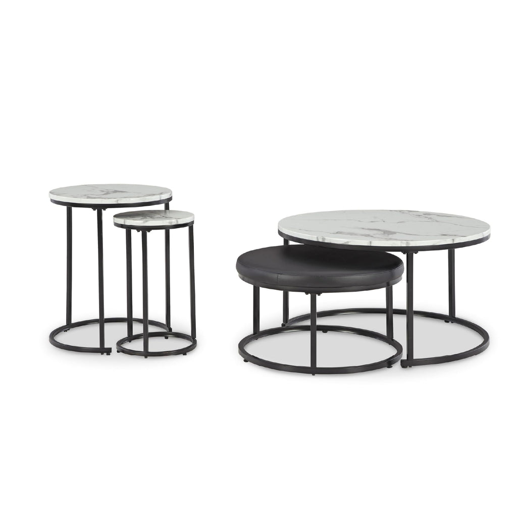 Signature Design by Ashley Jusmour Modern Nesting Table Set with Faux Leather Upholstered Ottoman, Set of 4, Black & White