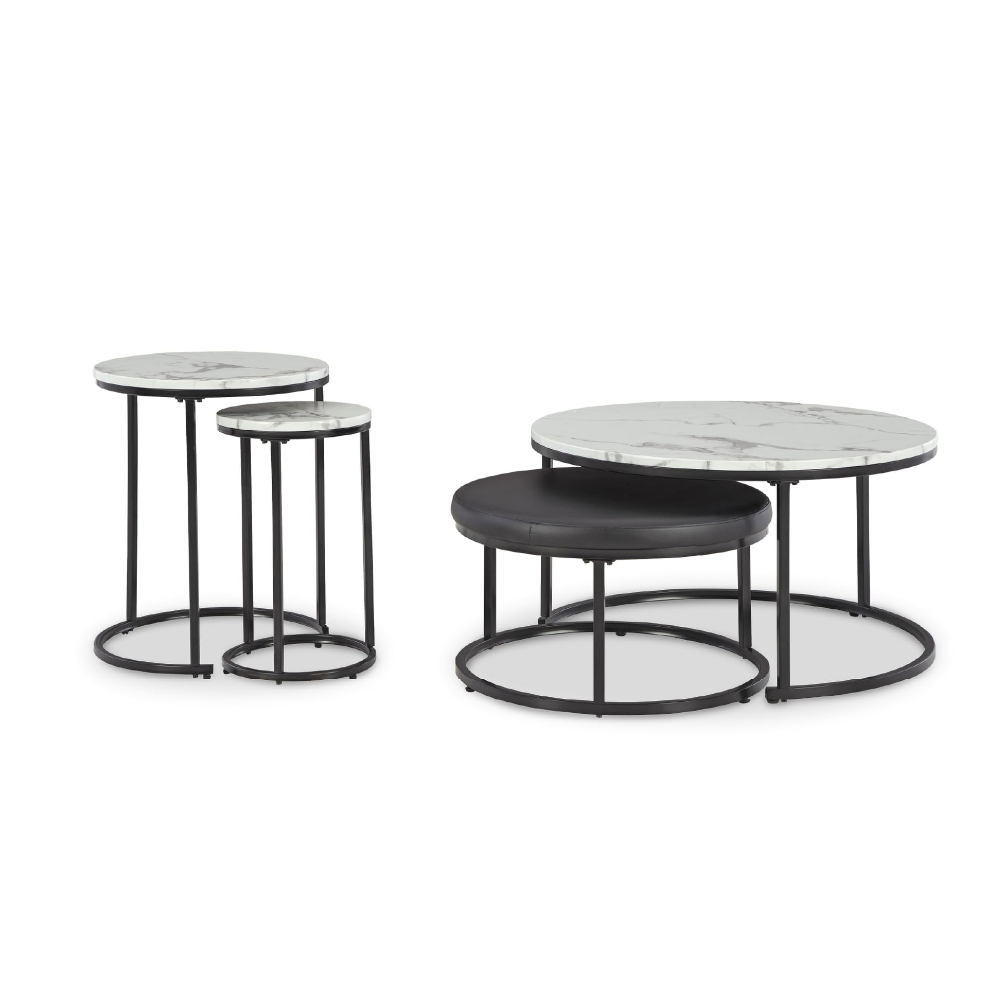 Signature Design by Ashley Jusmour Modern Nesting Table Set with Faux Leather Upholstered Ottoman, Set of 4, Black & White