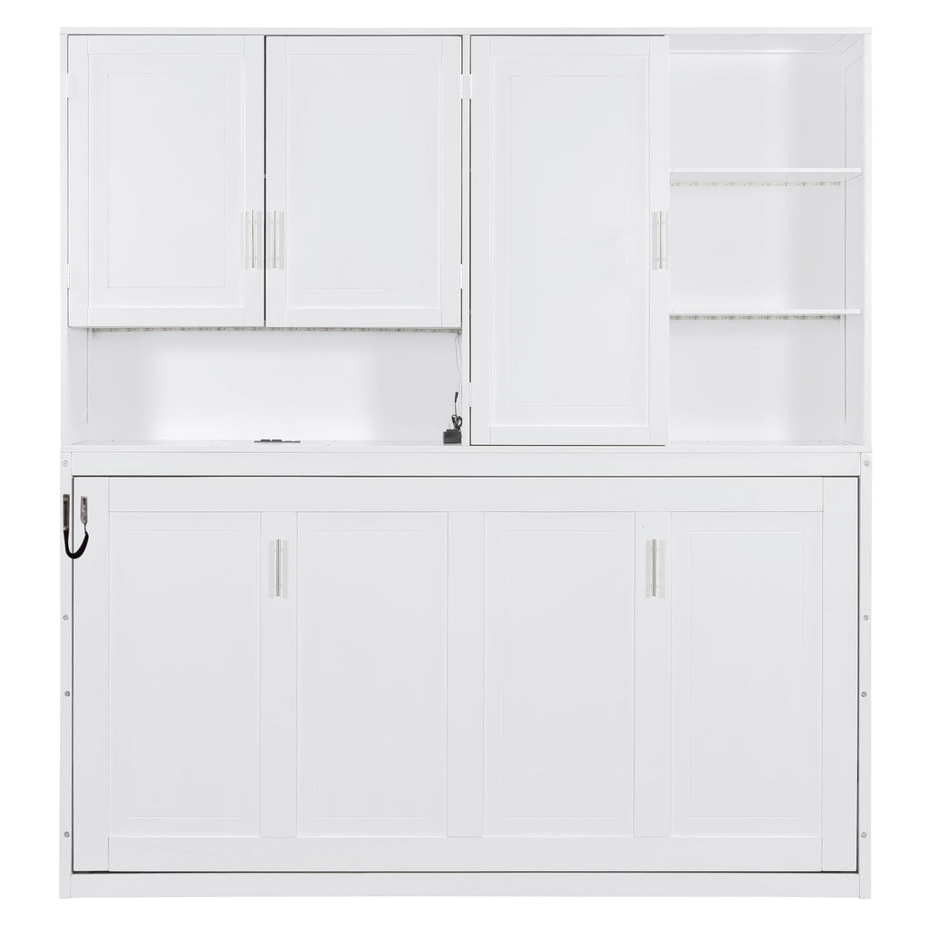 DNYN Twin Size Murphy Bed with Top Cabinets and LED for Bedroom/Guest/Study Room, Foldable Wall Bed Frame with USB and Storage Shelves, Space-Saving & No Box Spring Needed