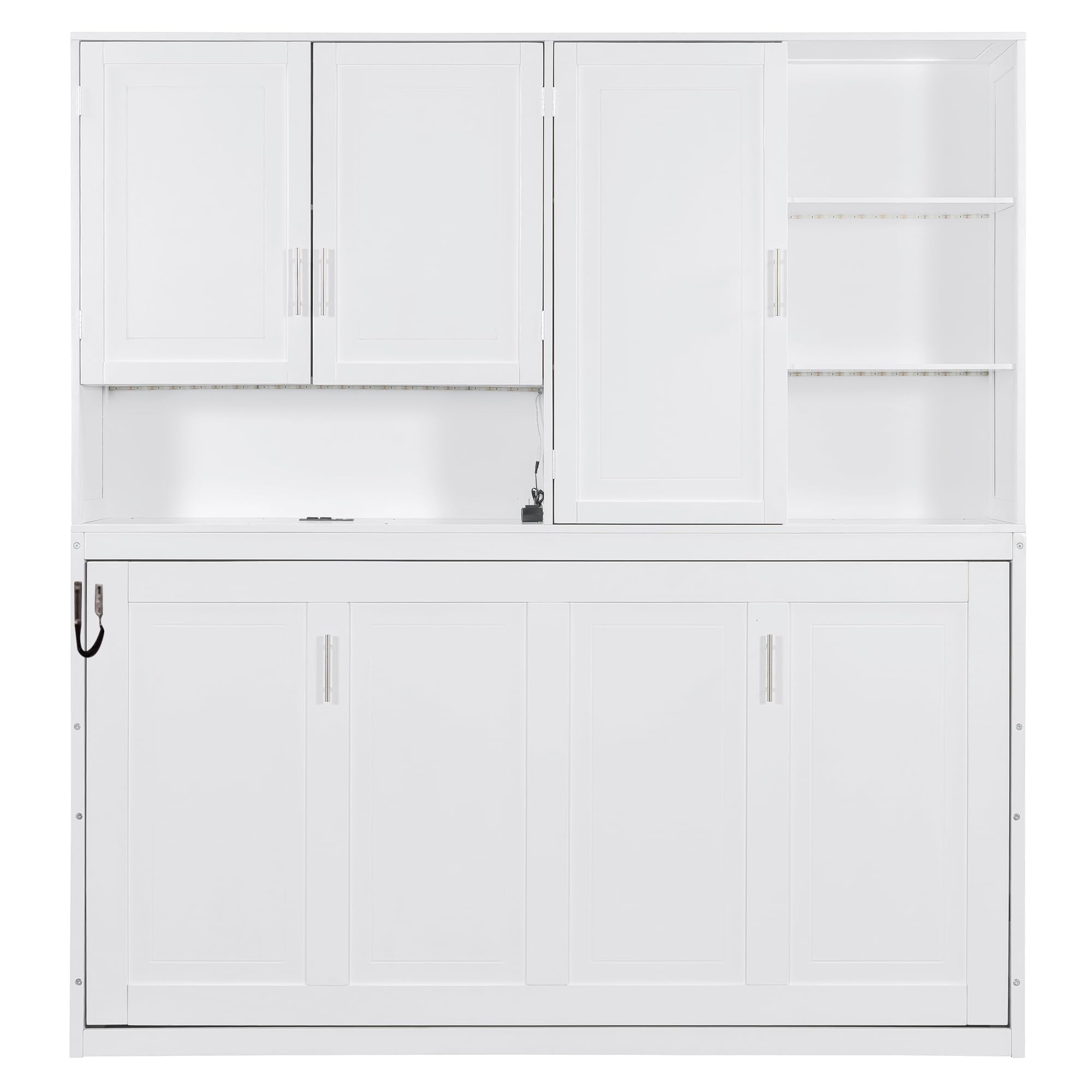 DNYN Twin Size Murphy Bed with Top Cabinets and LED for Bedroom/Guest/Study Room, Foldable Wall Bed Frame with USB and Storage Shelves, Space-Saving & No Box Spring Needed