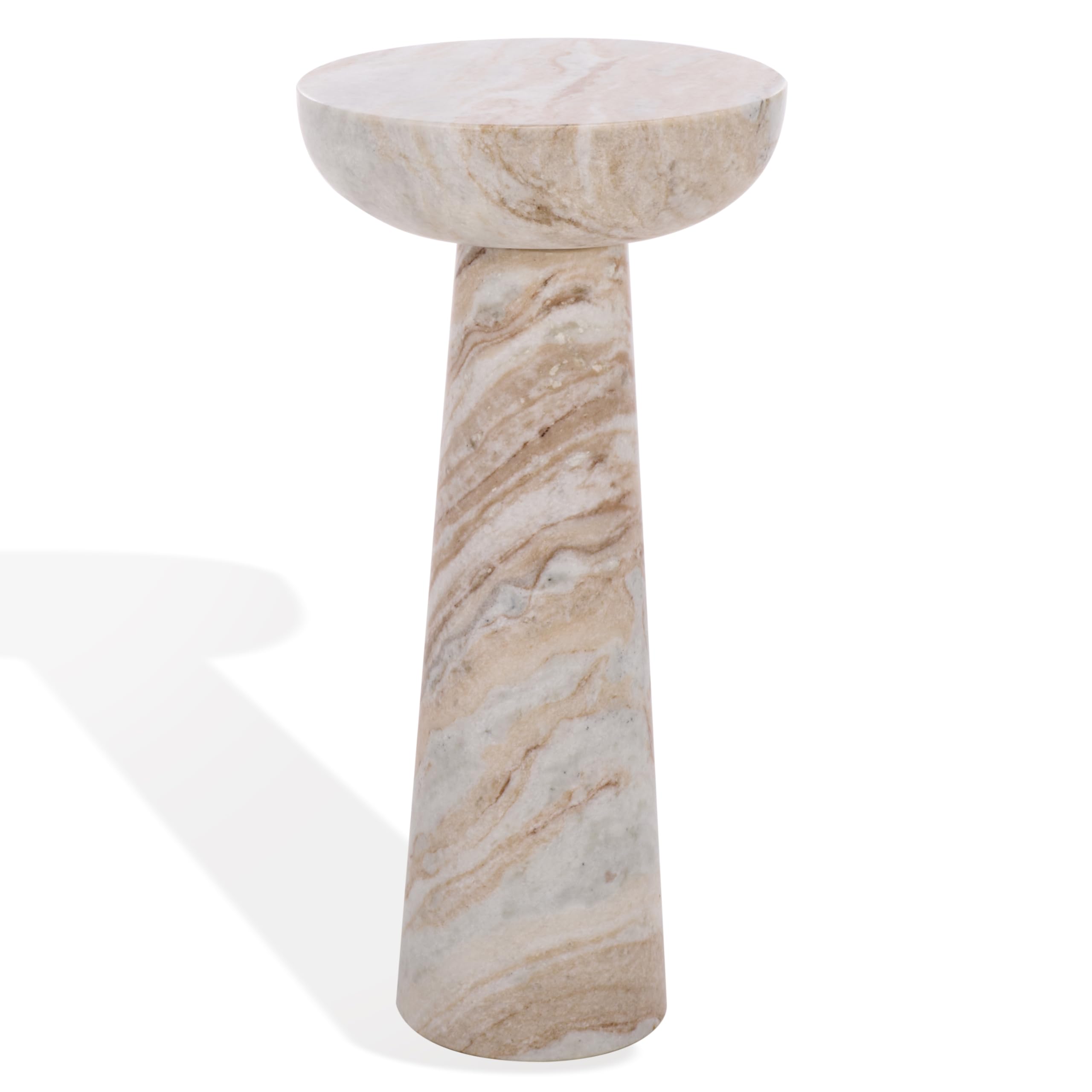 SAFAVIEH Couture Collection – Glendale White & Brown Round Marble Accent Table, Stone Pedestal Side Table, Modern Sculptural Design (SFV9766A)