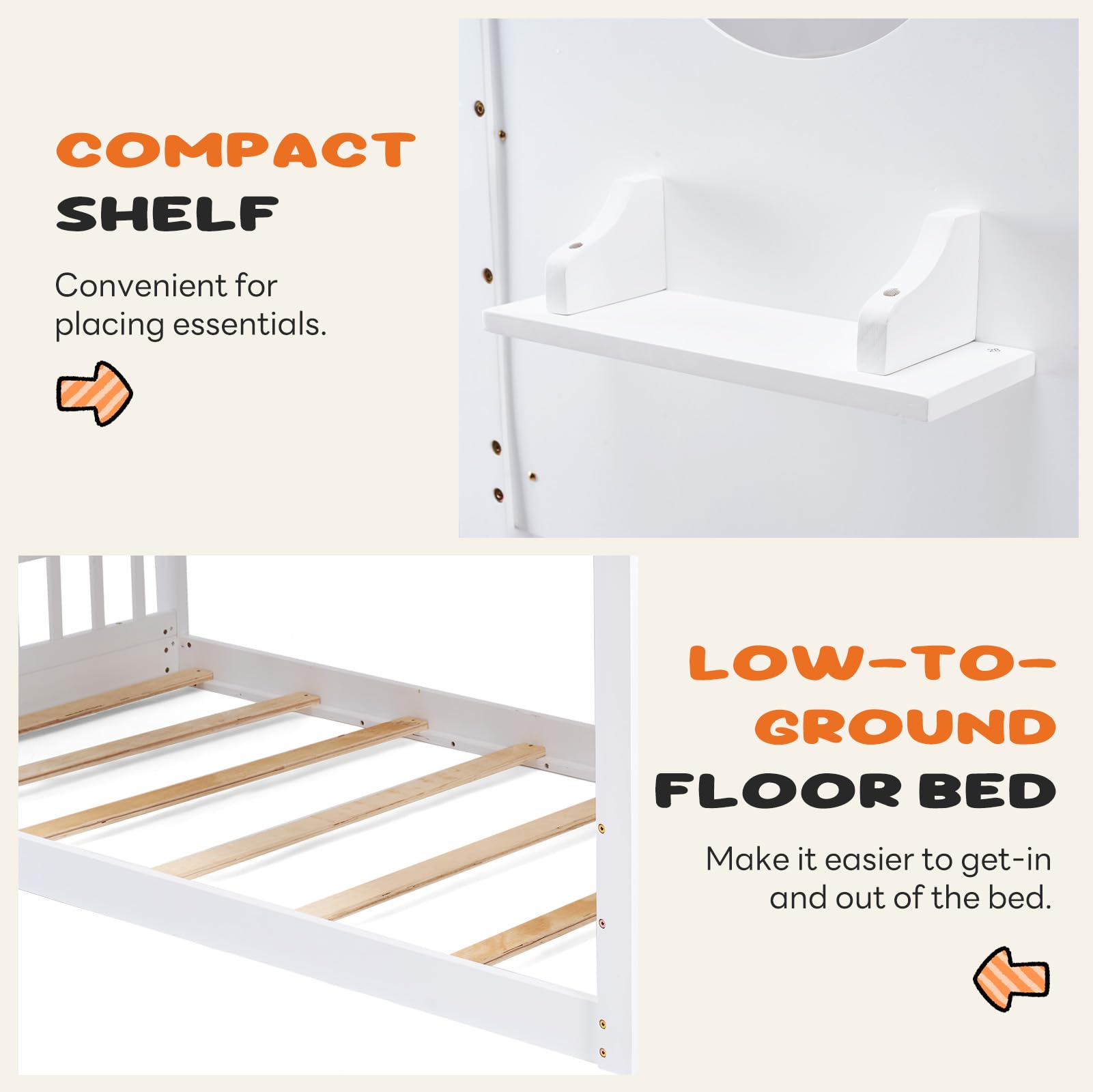 DUMOS Wood Twin Over Twin House Bunk Bed, Loft Bed with Ladder, Safety Guardrail, Wooden Slats & Window, Kids Twin Bed Frame for Teens Juniors, Freely Decorative House Roof