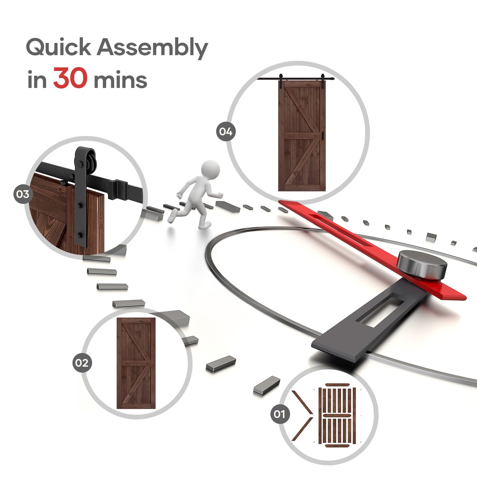 ROYMELO 36x80 inch Sliding Barn Wood Door Slab with 6.6ft Hardware Kit and Handle, Coffee, K Shape, Simple DIY Assembly