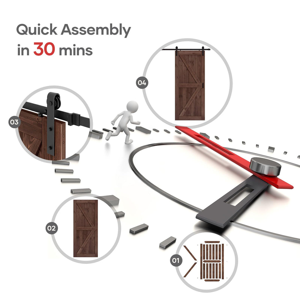 ROYMELO 36x84 inch Sliding Barn Wood Door Slab with 6.6ft Hardware Kit and Handle, Coffee, K Shape, Simple DIY Assembly