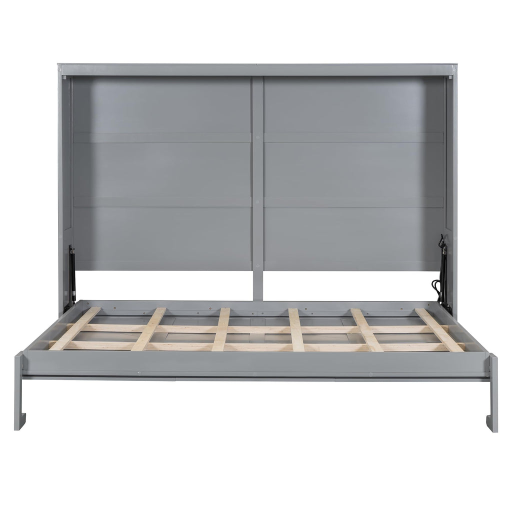 Ball & Cast Murphy Bed Full Size Wall Chest with Charging Station and Slat Support,Wood Hideaway Cabinet Platform Bedframe w/Leg,can be Folded,Space-Saving,for Small Room,Dorms,Gray