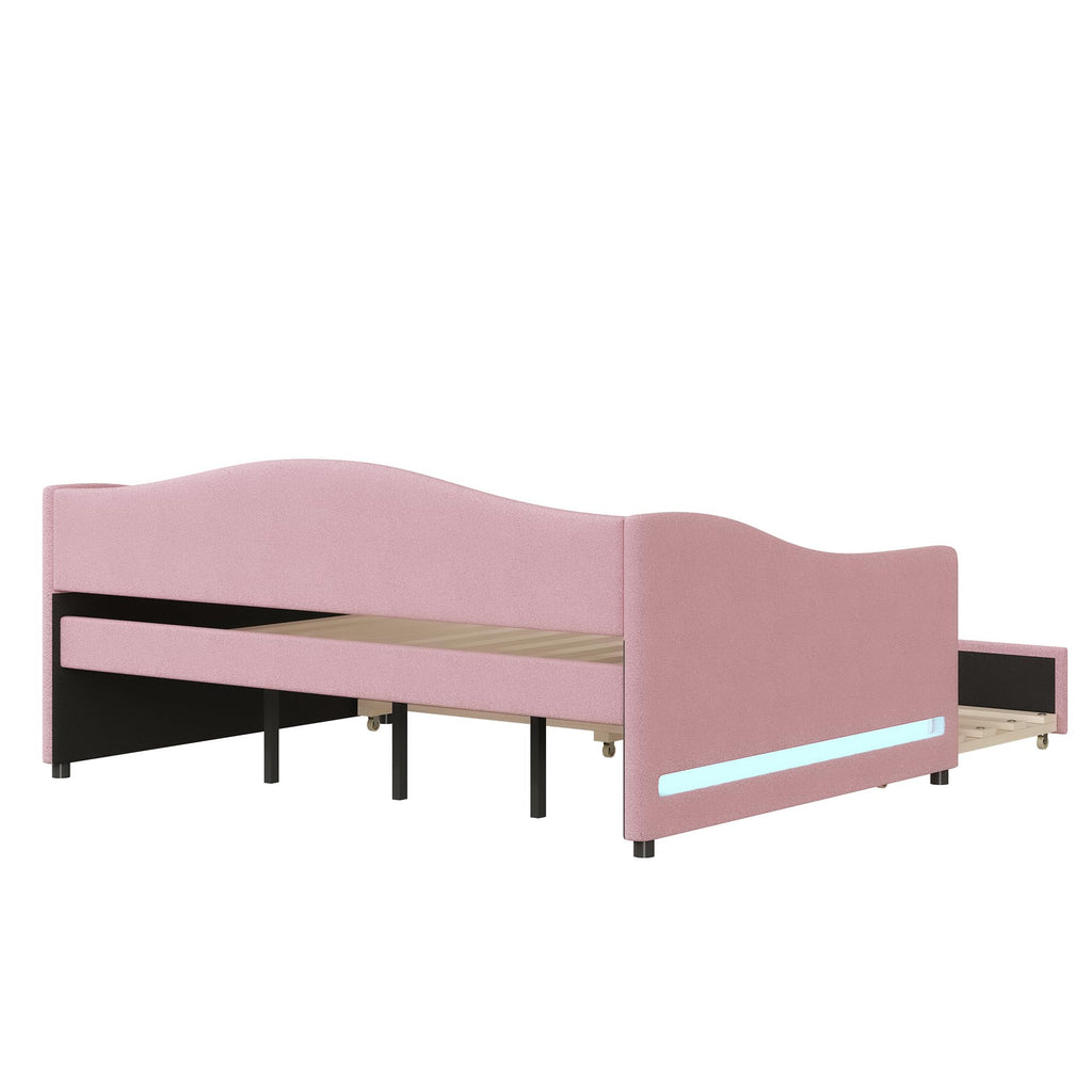 Full Size Upholstered Daybed with Trundle,Teddy Fleece Full Daybed Frame,Full Day Bed with LED Light,Tufted Sofa Bed Daybed for Bedroom,Living Room,Guest,Pink