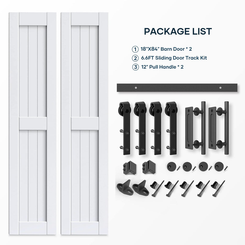 EaseLife 36 x 84 inch (Double 18x84 Door) White Barn Door with 6.6FT Sliding Door Hardware Kit Included & Handle,Solid Wood,Waterproof,DIY Assemblely,Easy Install,H-Frame,Fit 32-34in Wide Opening