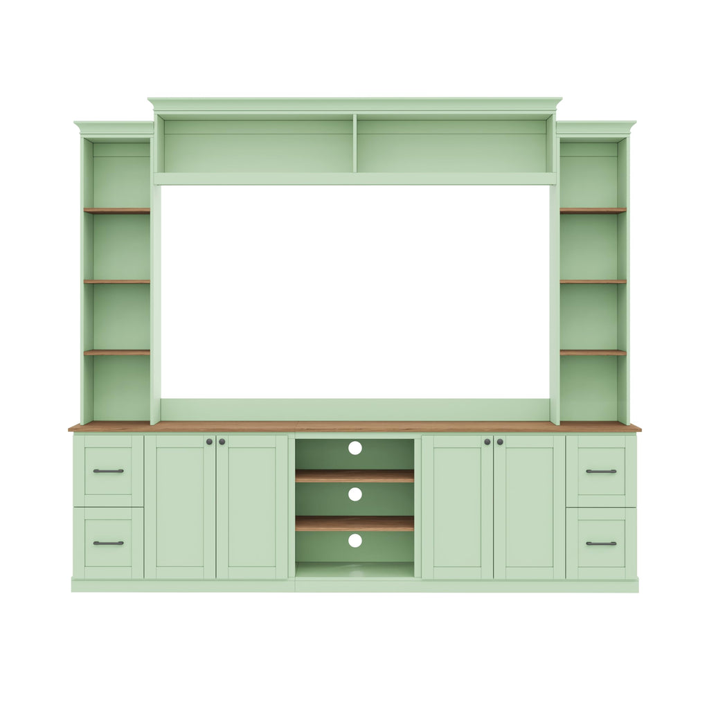 Ball & Cast 94.8" Entertainment Center Wall Unit with Bookshelf for TVs Up to 70",Farmhouse Large TV Stand with Walnut Adjustable Shelves,Retro Media Console with 4 Drawers for Living Room,Mint Green